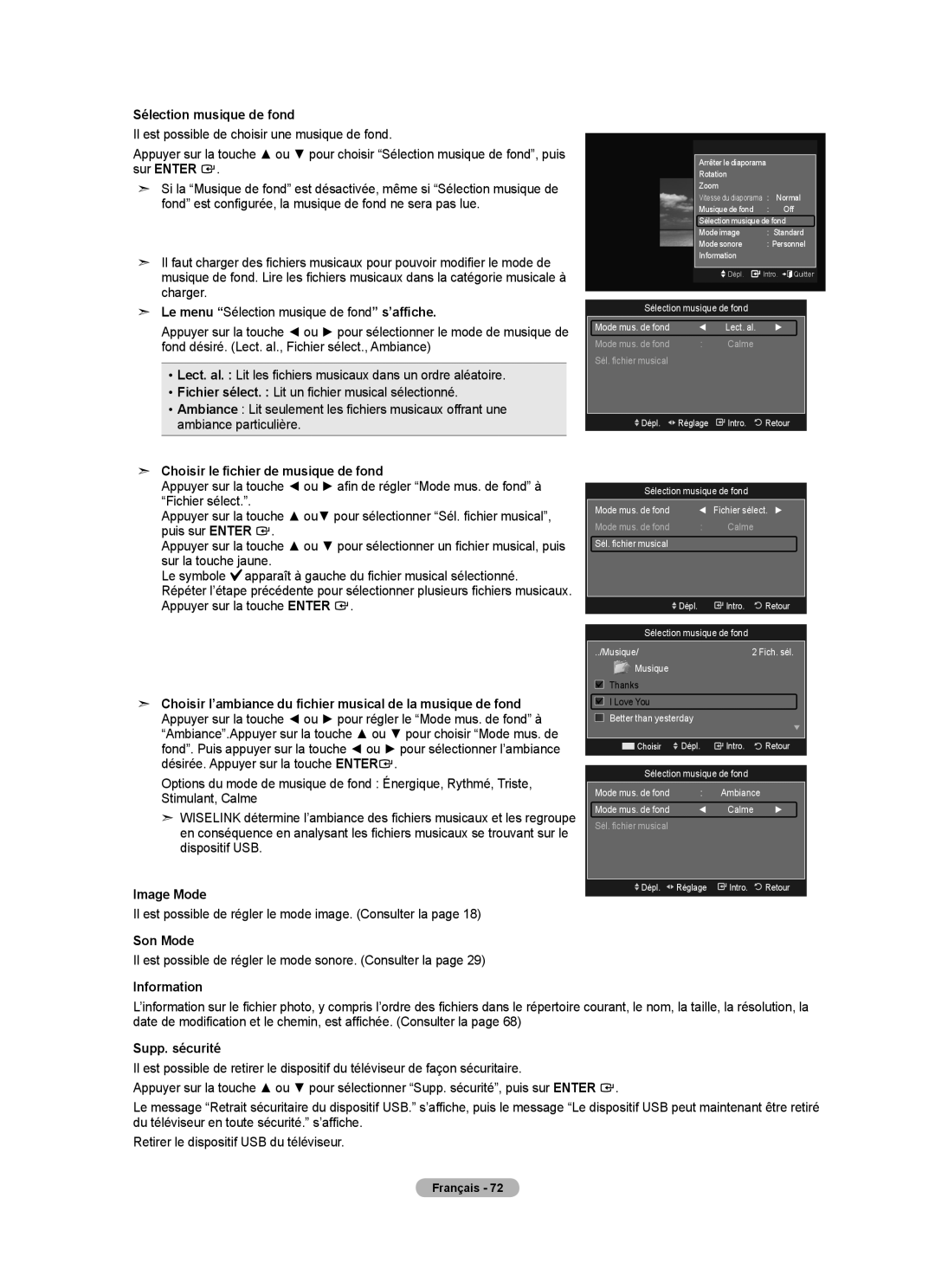 Samsung LN40A630M1F Sélection musique de fond, Choisir le fichier de musique de fond, Image Mode, Son Mode, Supp. sécurité 