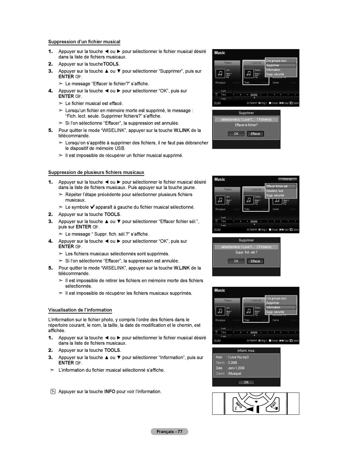 Samsung LN40A630M1F user manual Suppression d’un fichier musical, Suppression de plusieurs fichiers musicaux 