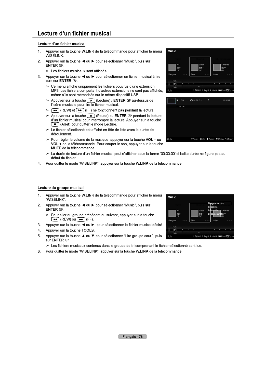 Samsung LN40A630M1F user manual Lecture d’un fichier musical, Lecture du groupe musical 