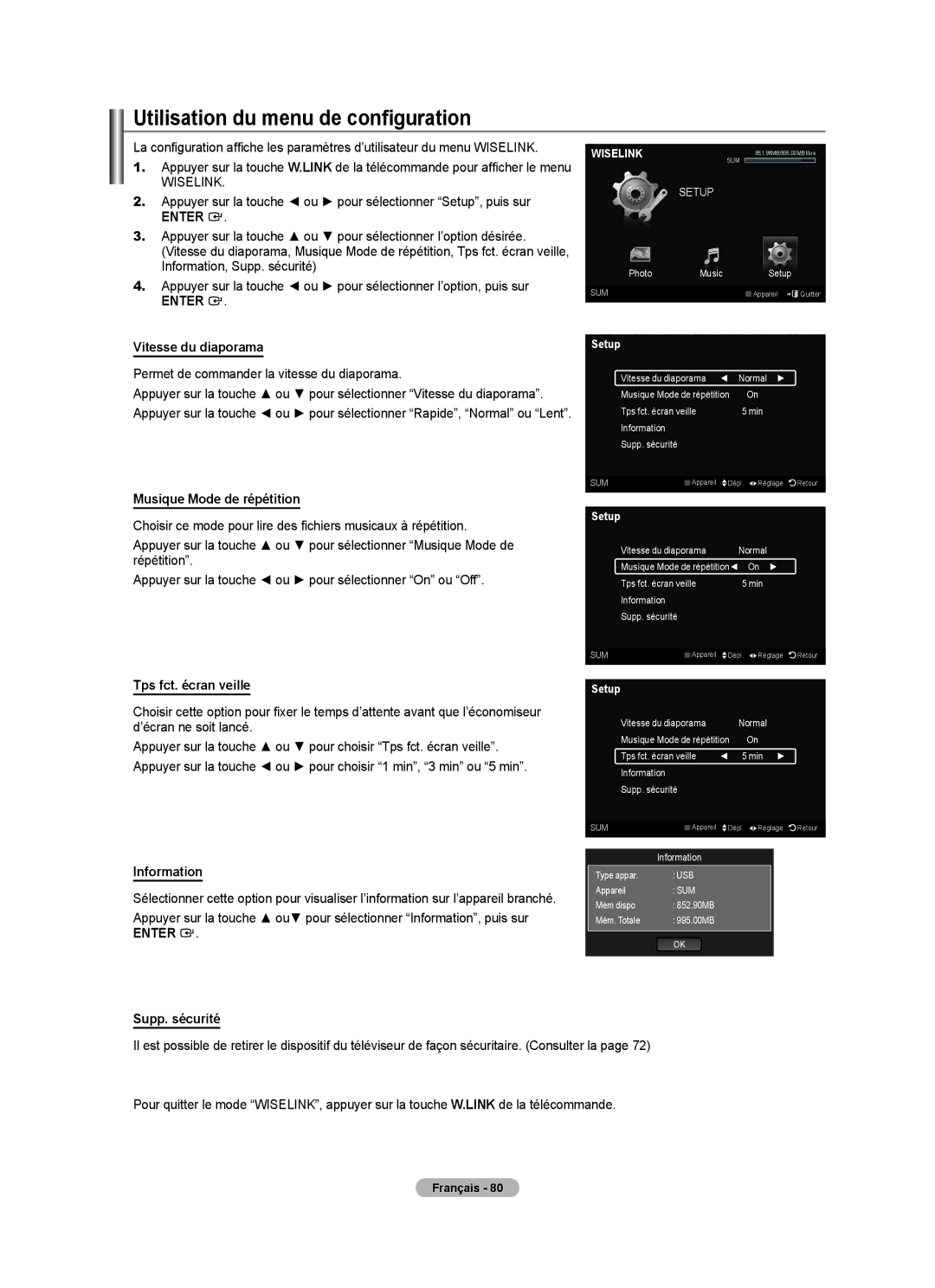 Samsung LN40A630M1F Utilisation du menu de configuration, Appuyer sur la touche ou pour sélectionner Setup, puis sur 