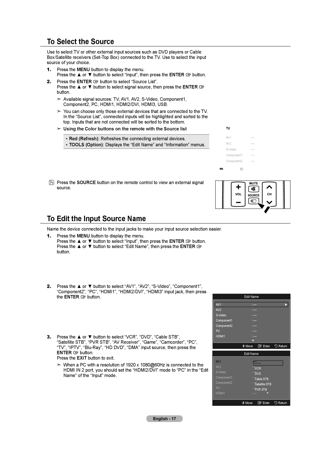 Samsung LN40A630M1F user manual To Select the Source, To Edit the Input Source Name, Source List, Edit Name 