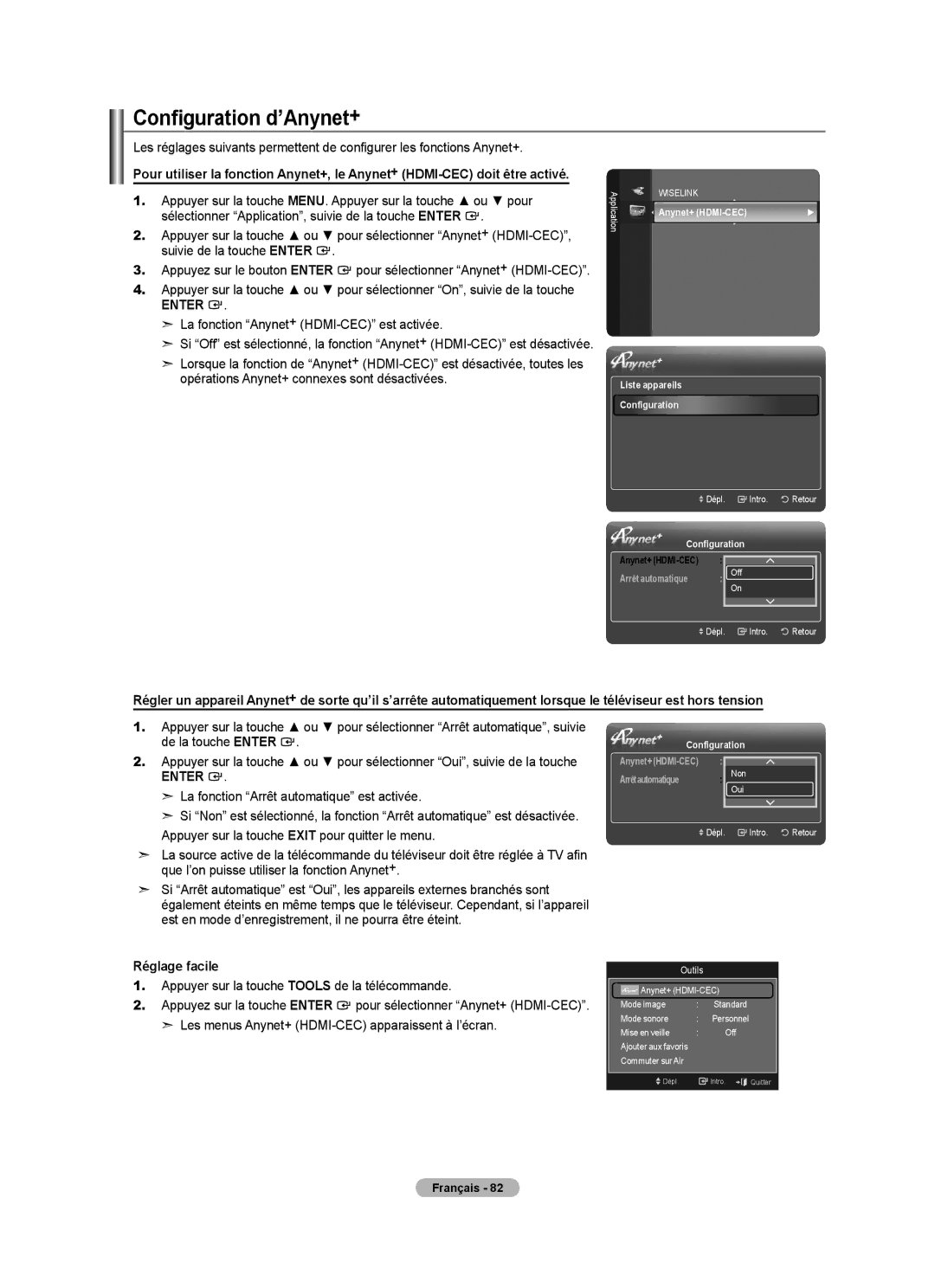 Samsung LN40A630M1F user manual Configuration d’Anynet+, La fonction Anynet+ HDMI-CEC est activée 