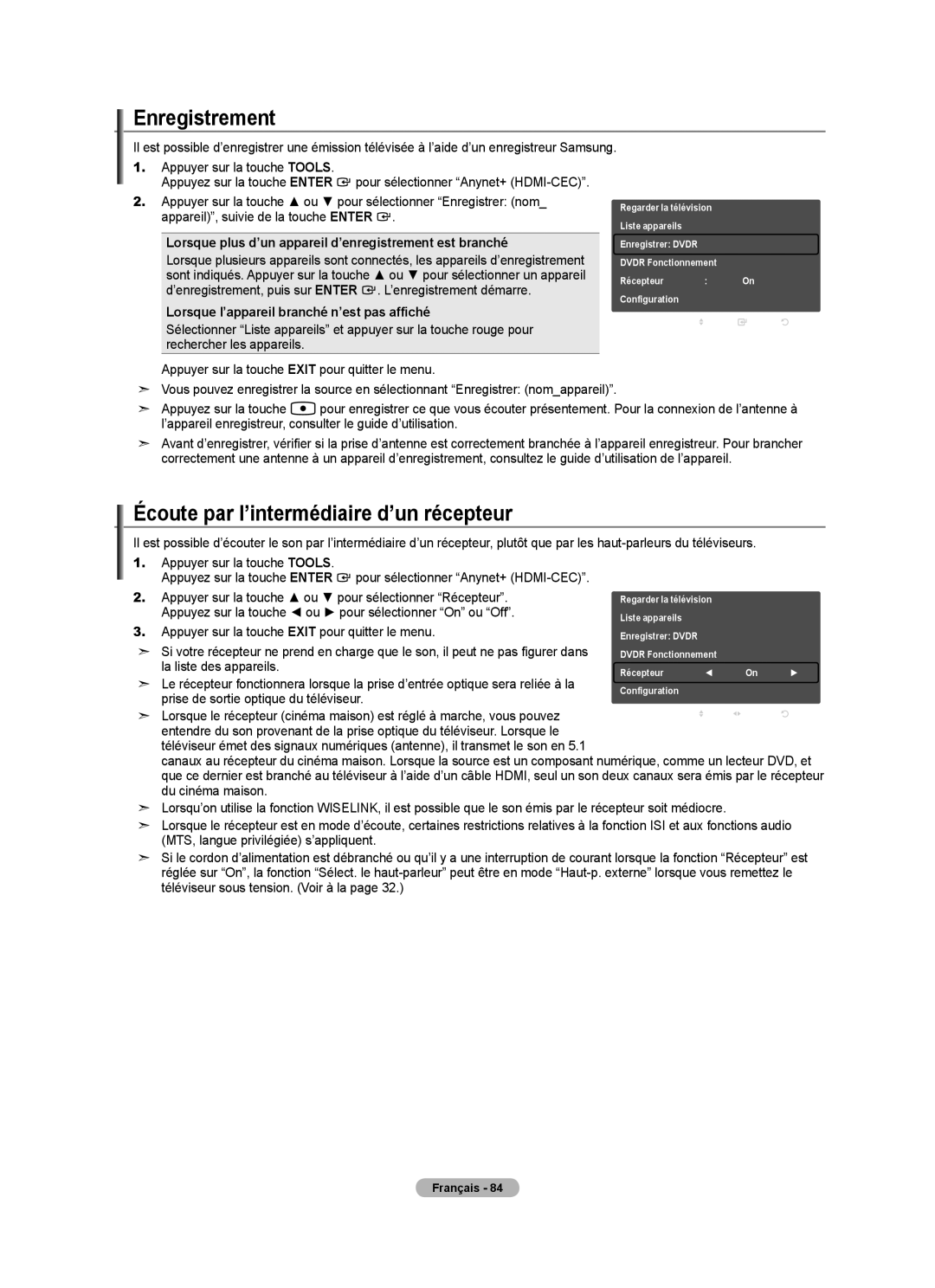 Samsung LN40A630M1F user manual Enregistrement, Écoute par l’intermédiaire d’un récepteur 