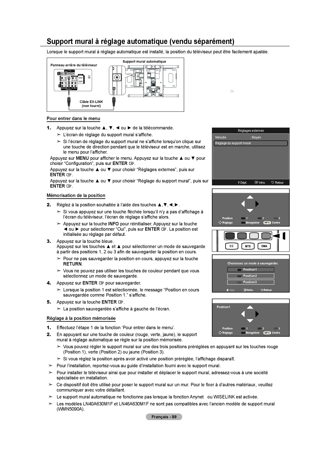 Samsung LN40A630M1F user manual Support mural à réglage automatique vendu séparément, Pour entrer dans le menu 