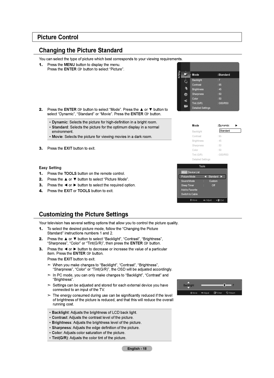 Samsung LN40A630M1F user manual Picture Control Changing the Picture Standard, Customizing the Picture Settings, Backlight 