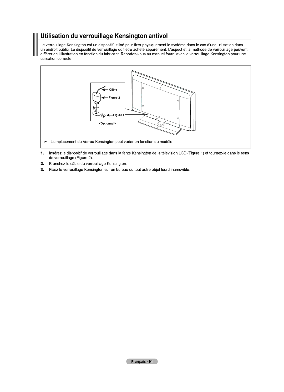 Samsung LN40A630M1F user manual Utilisation du verrouillage Kensington antivol 