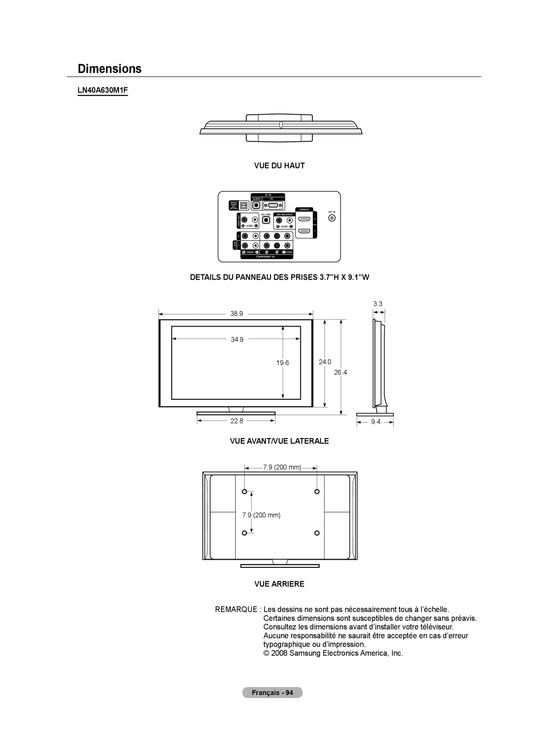 Samsung LN40A630M1F user manual VUE DU Haut Details DU Panneau DES Prises 3.7H X 9.1W 