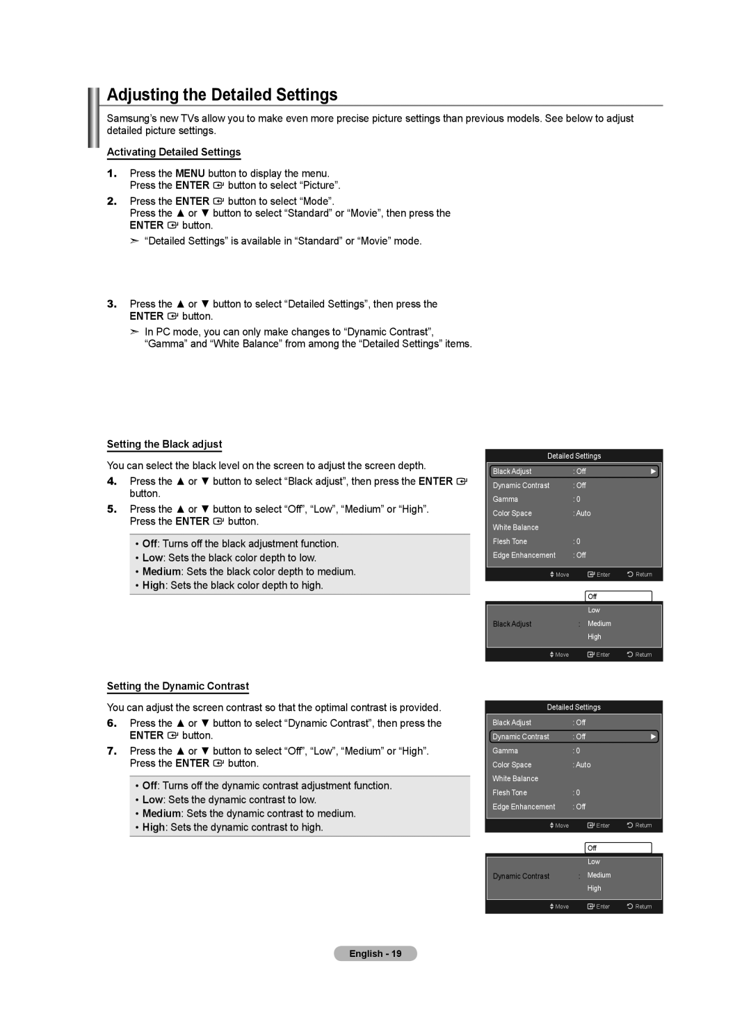 Samsung LN40A630M1F user manual Adjusting the Detailed Settings, Activating Detailed Settings, Setting the Black adjust 