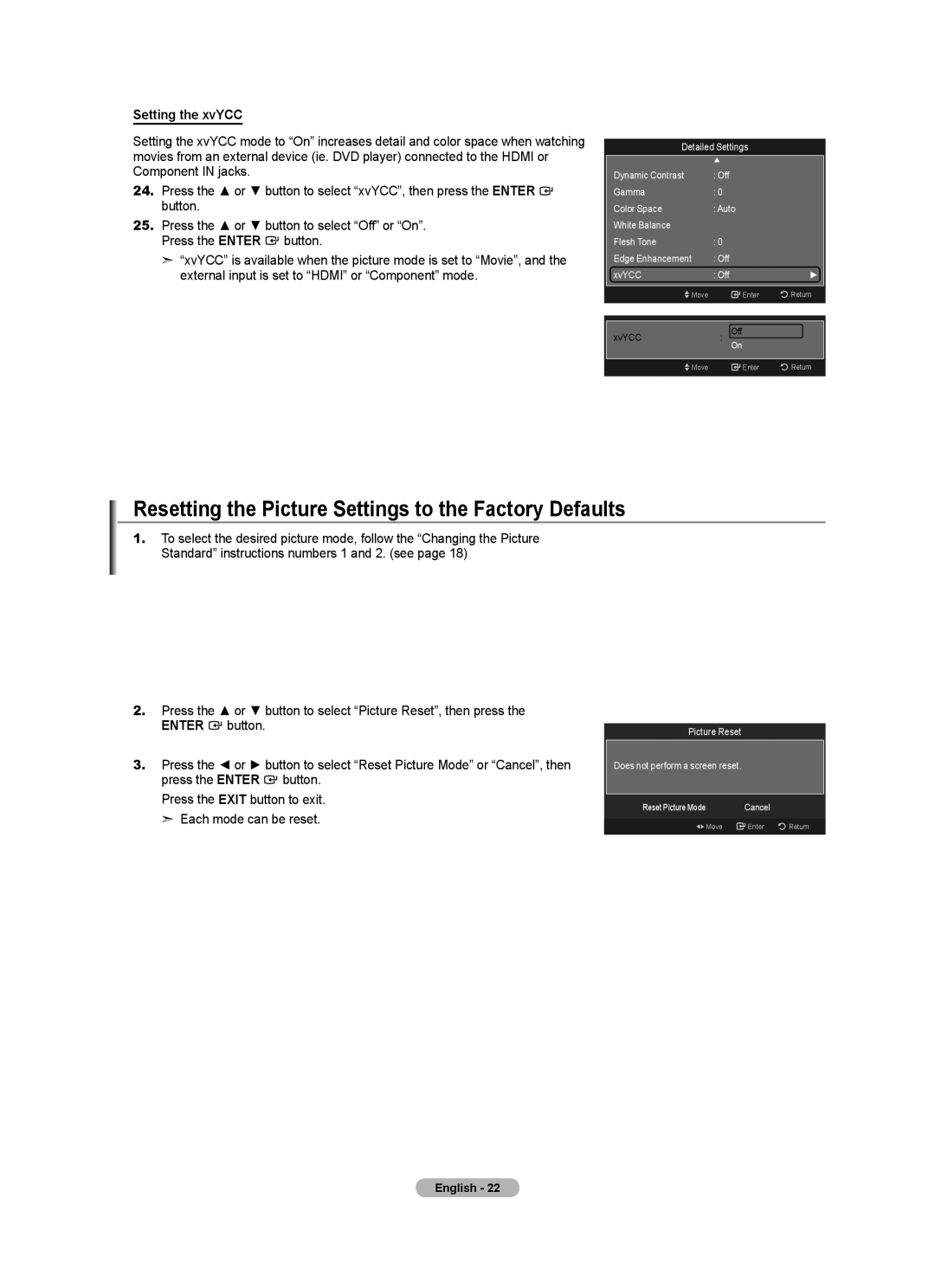 Samsung LN40A630M1F user manual Resetting the Picture Settings to the Factory Defaults, Setting the xvYCC, Picture Reset 