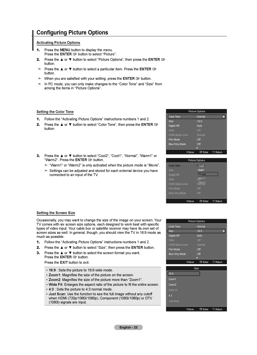 Samsung LN40A630M1F user manual Configuring Picture Options, Activating Picture Options, Setting the Color Tone 