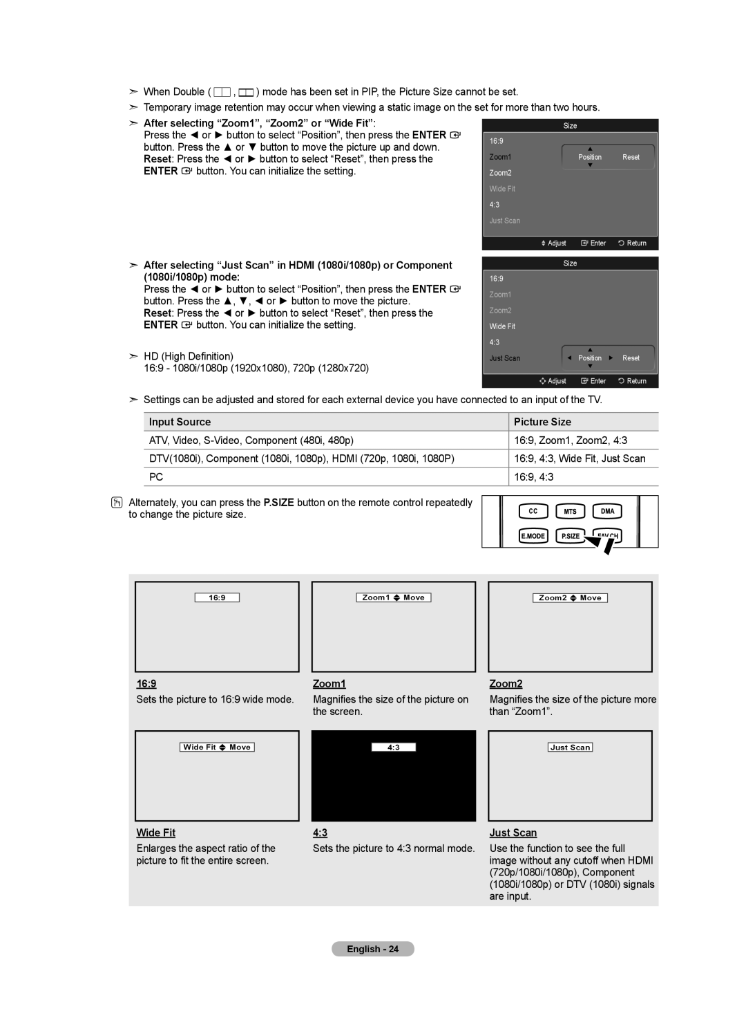 Samsung LN40A630M1F user manual Input Source Picture Size, 169, Zoom1, Zoom2, Wide Fit, Just Scan 