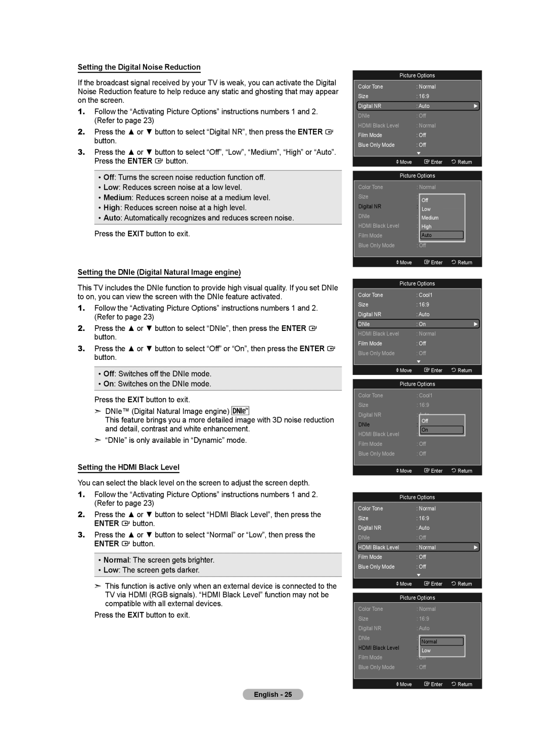 Samsung LN40A630M1F Setting the Digital Noise Reduction, Setting the DNIe Digital Natural Image engine, Film Mode Off 