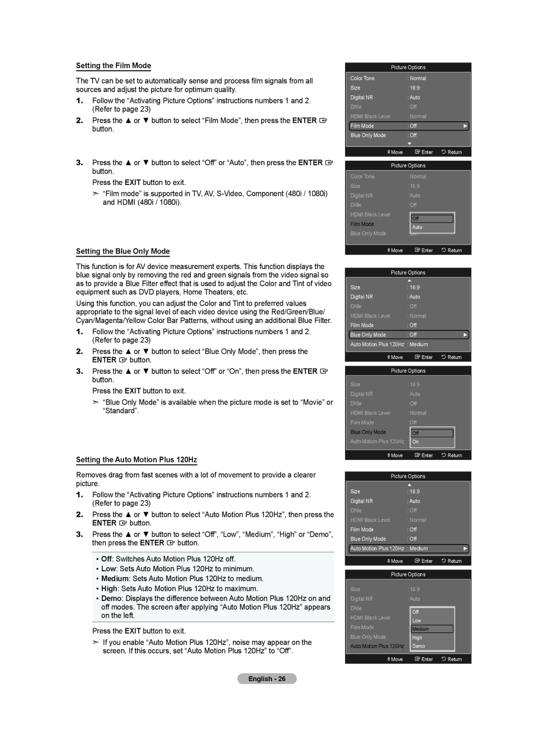 Samsung LN40A630M1F user manual Setting the Film Mode, Setting the Blue Only Mode, Setting the Auto Motion Plus 120Hz 