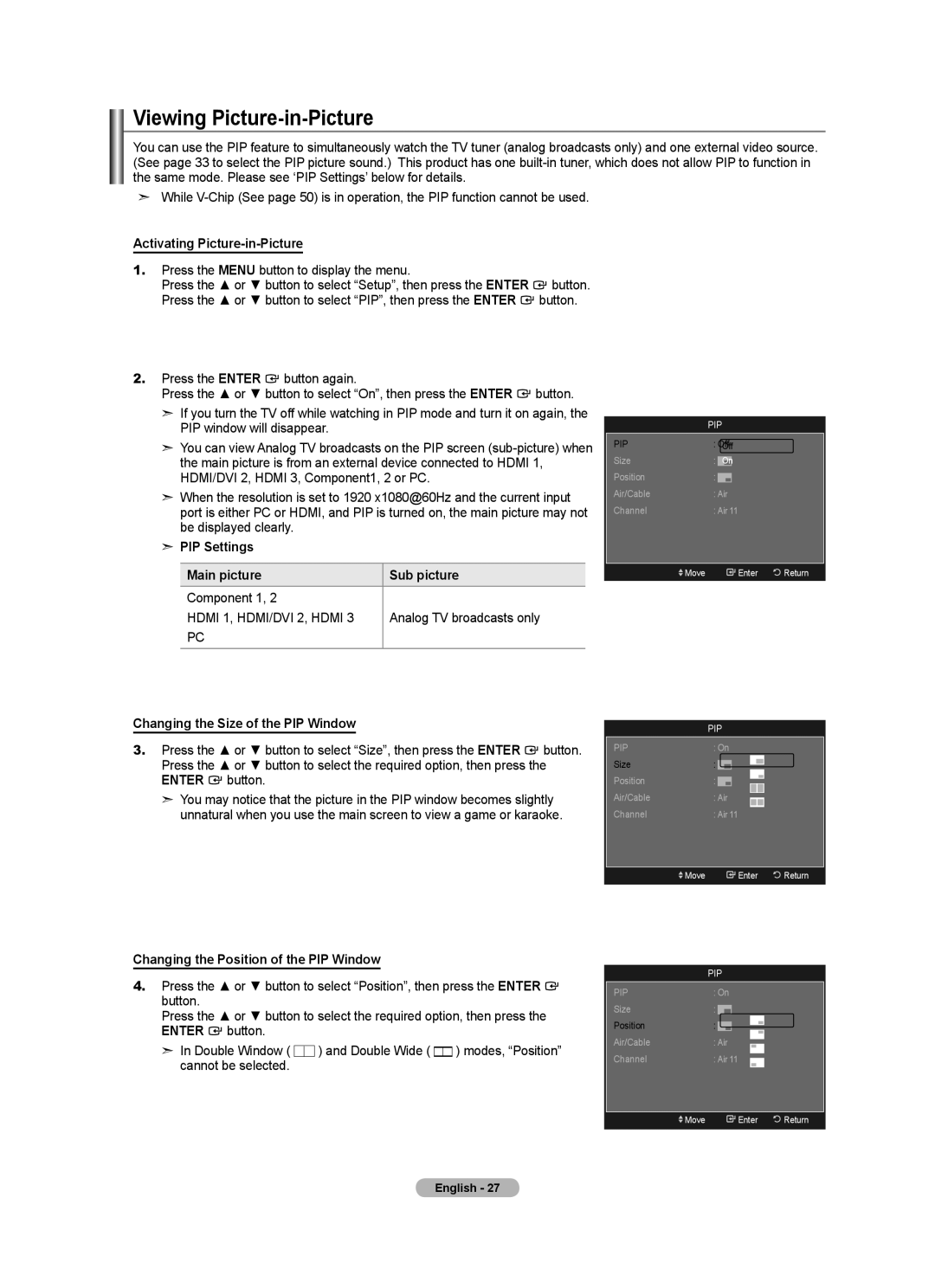 Samsung LN40A630M1F Viewing Picture-in-Picture, Activating Picture-in-Picture, PIP Settings Main picture Sub picture 