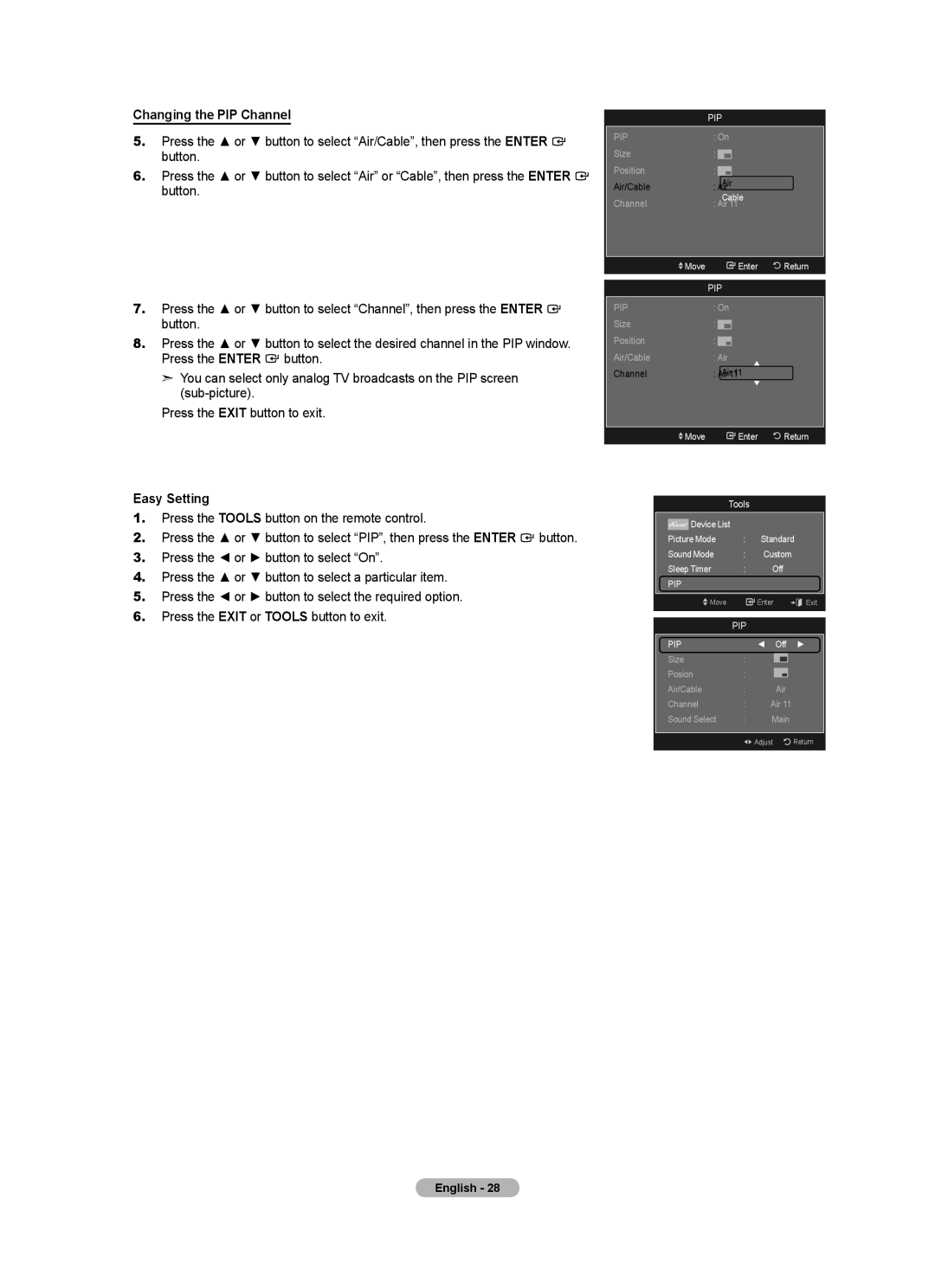 Samsung LN40A630M1F user manual Changing the PIP Channel, Air/Cable 