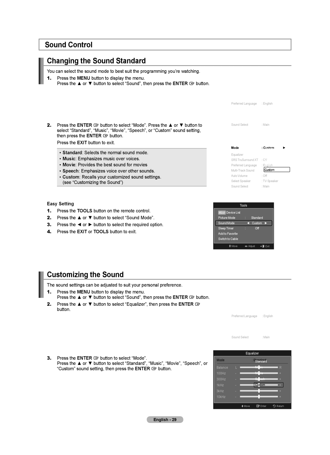 Samsung LN40A630M1F user manual Sound Control Changing the Sound Standard, Customizing the Sound 