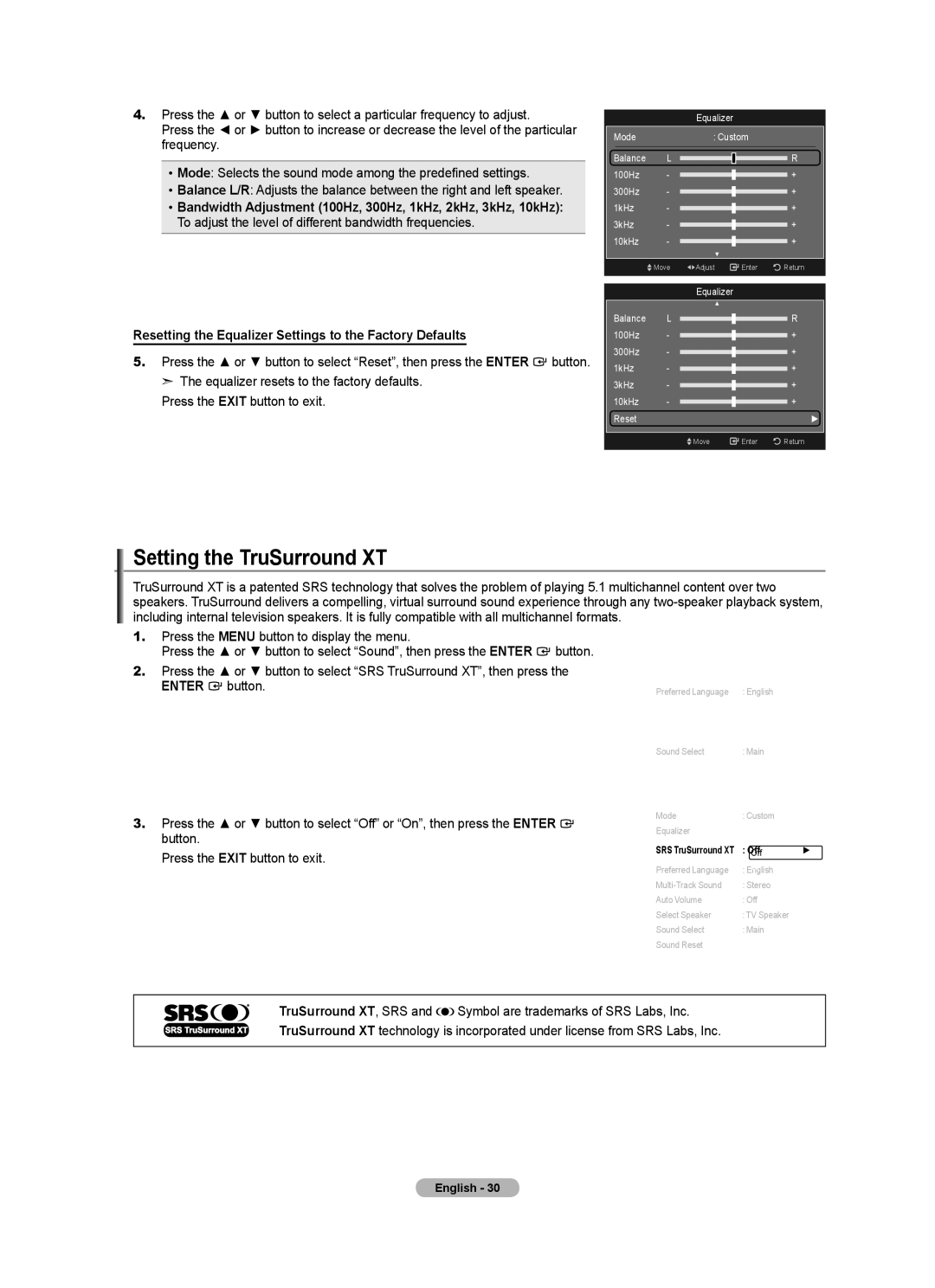 Samsung LN40A630M1F user manual Setting the TruSurround XT, Off 