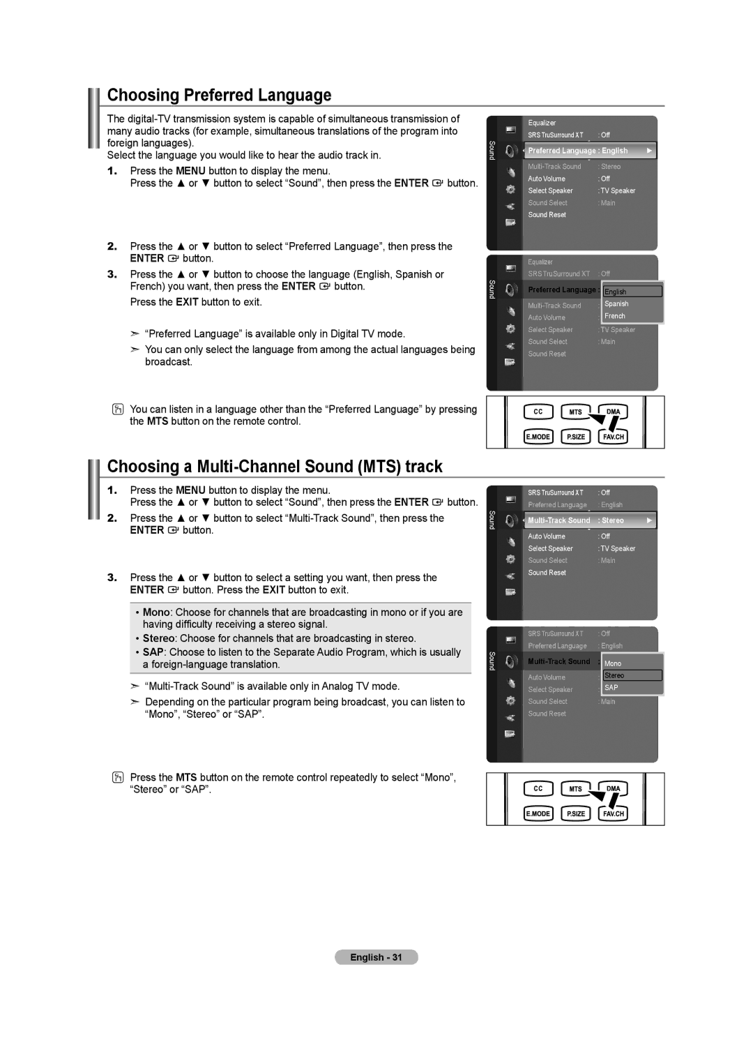 Samsung LN40A630M1F Choosing Preferred Language, Choosing a Multi-Channel Sound MTS track, Preferred Language English 