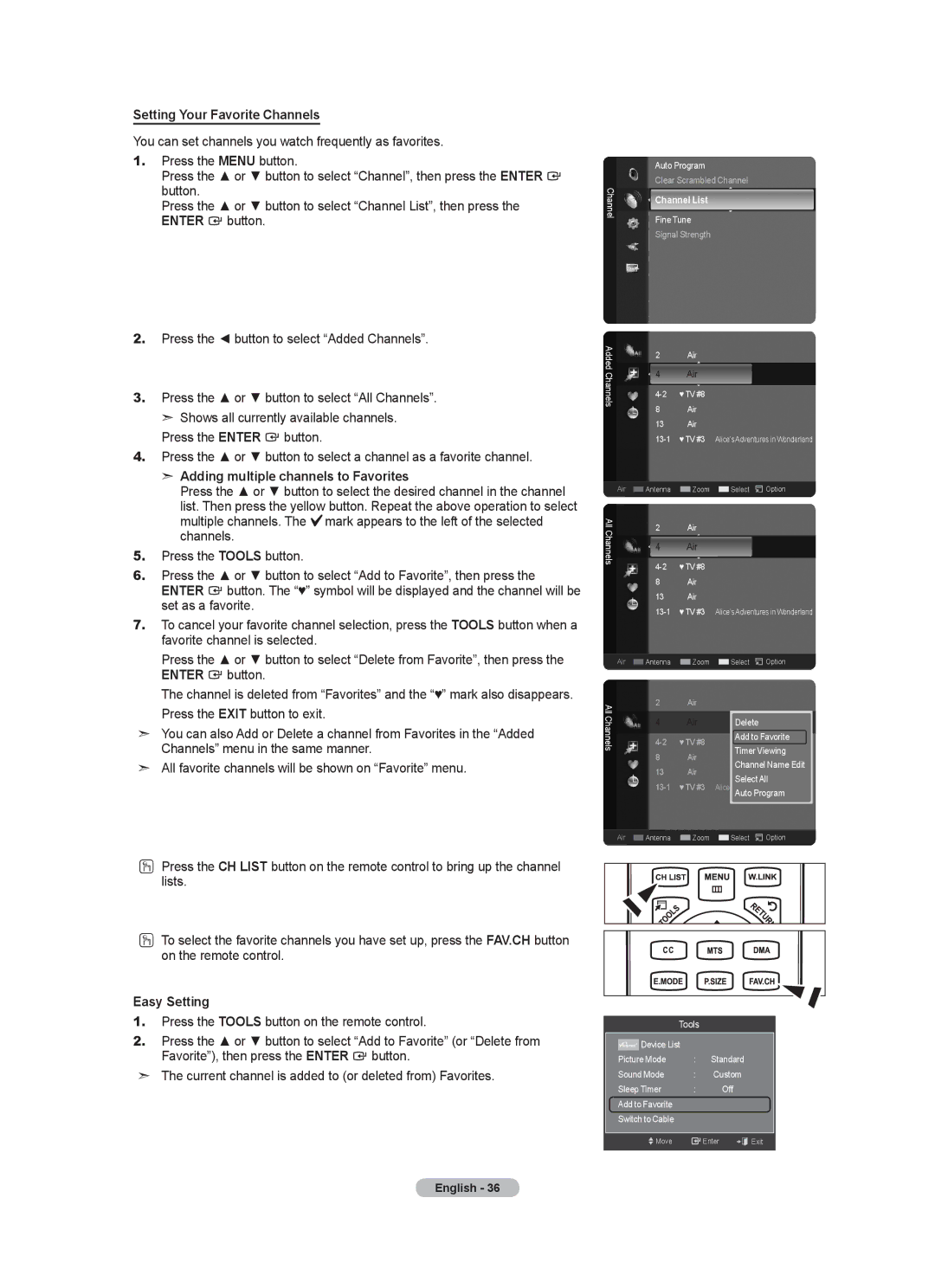 Samsung LN40A630M1F user manual Setting Your Favorite Channels, Adding multiple channels to Favorites 