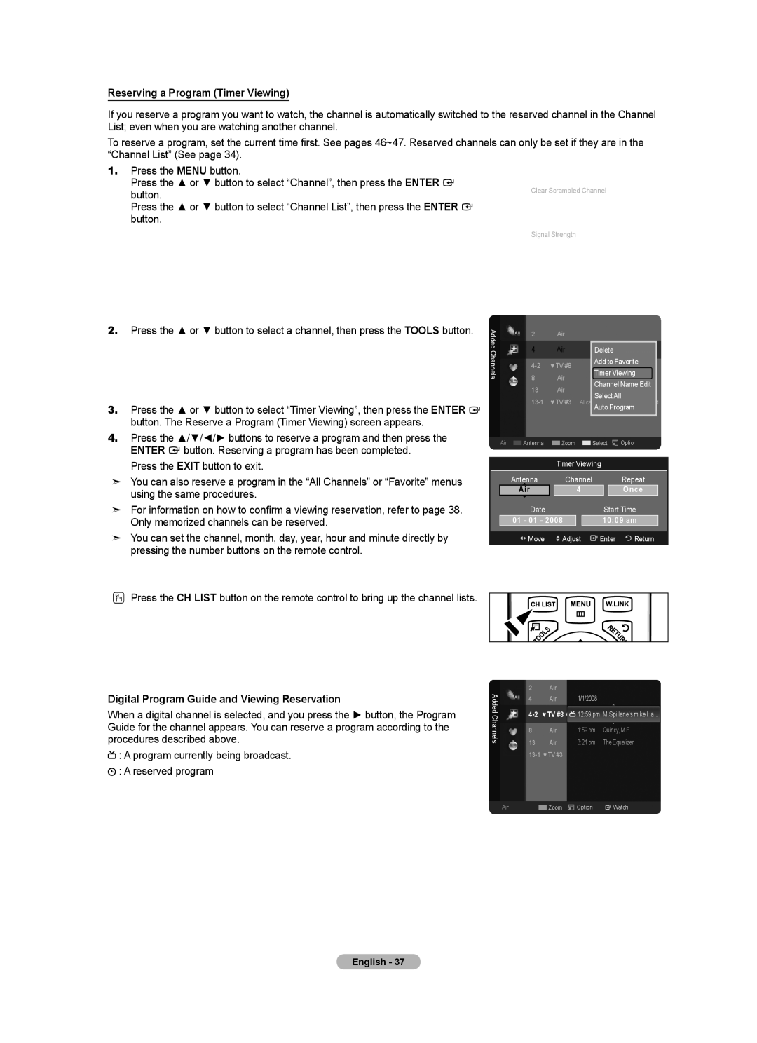 Samsung LN40A630M1F user manual Reserving a Program Timer Viewing, Digital Program Guide and Viewing Reservation, Antenna 