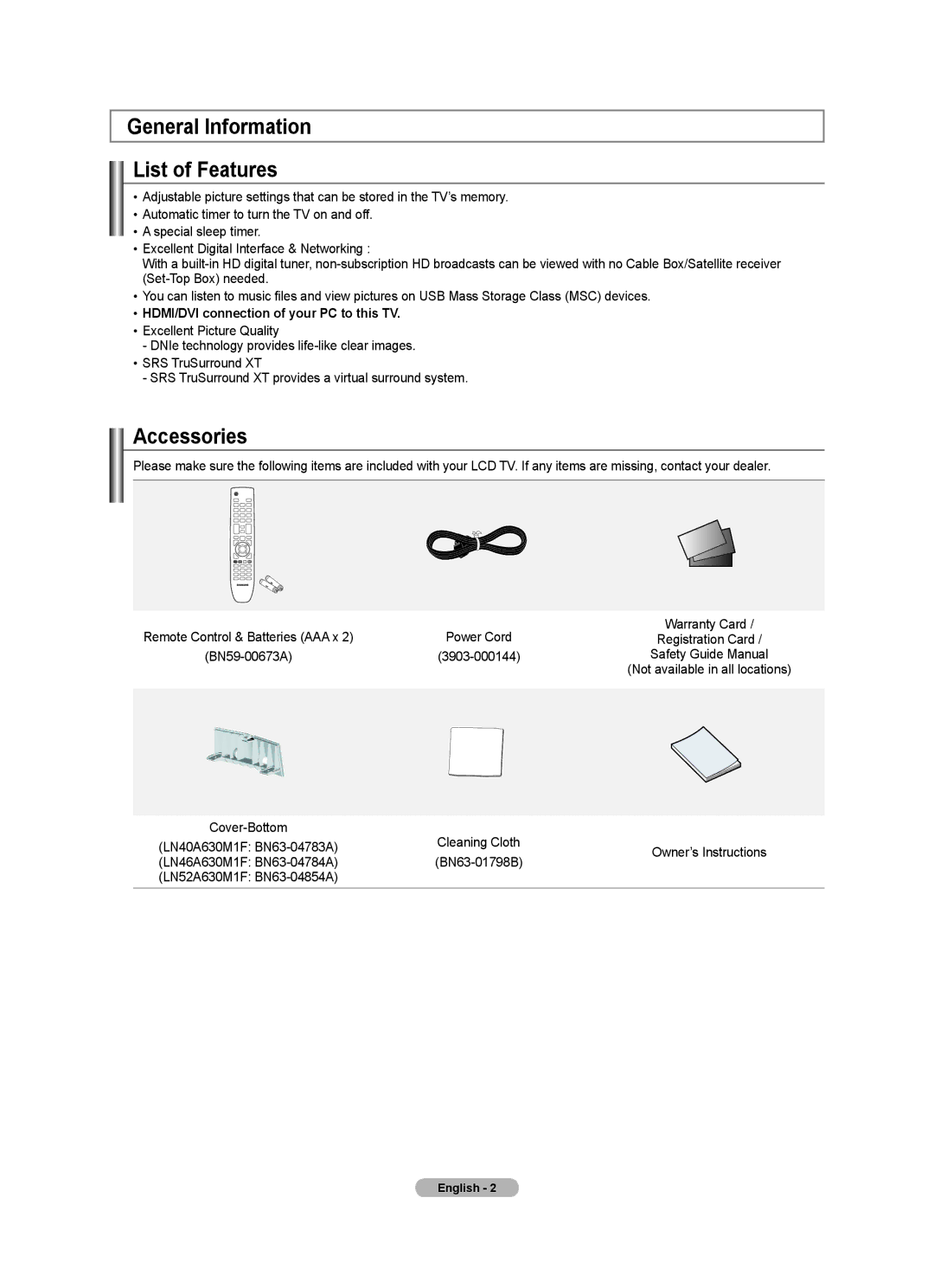 Samsung LN40A630M1F General Information List of Features, Accessories, HDMI/DVI connection of your PC to this TV 