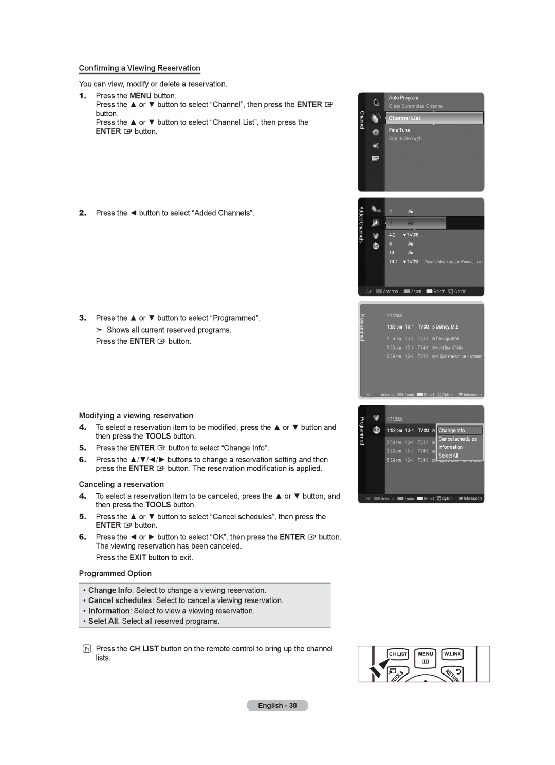 Samsung LN40A630M1F user manual Confirming a Viewing Reservation, Modifying a viewing reservation, Canceling a reservation 