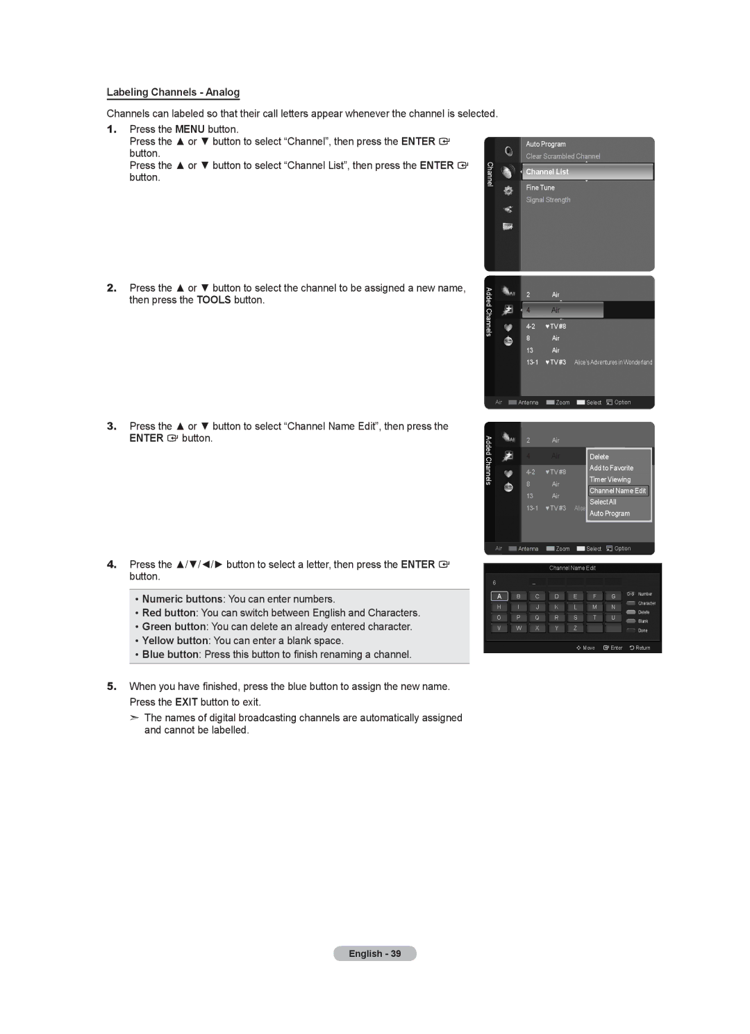 Samsung LN40A630M1F user manual Labeling Channels Analog, Then press the Tools button 