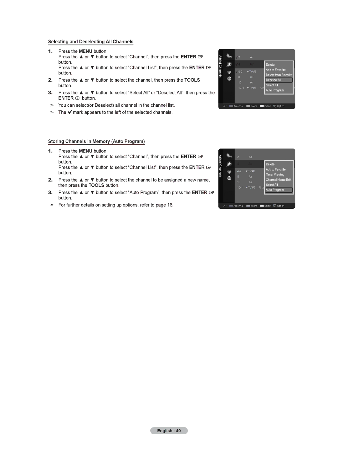 Samsung LN40A630M1F user manual Selecting and Deselecting All Channels, Storing Channels in Memory Auto Program 