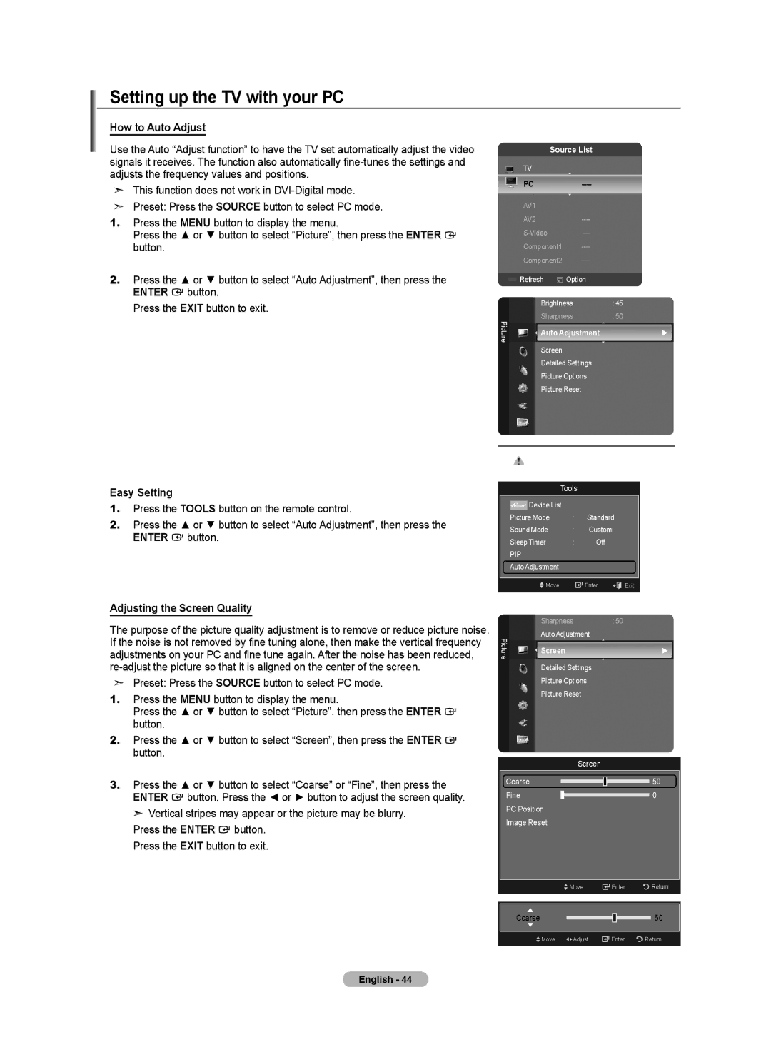 Samsung LN40A630M1F Setting up the TV with your PC, How to Auto Adjust, Adjusting the Screen Quality, Auto Adjustment 