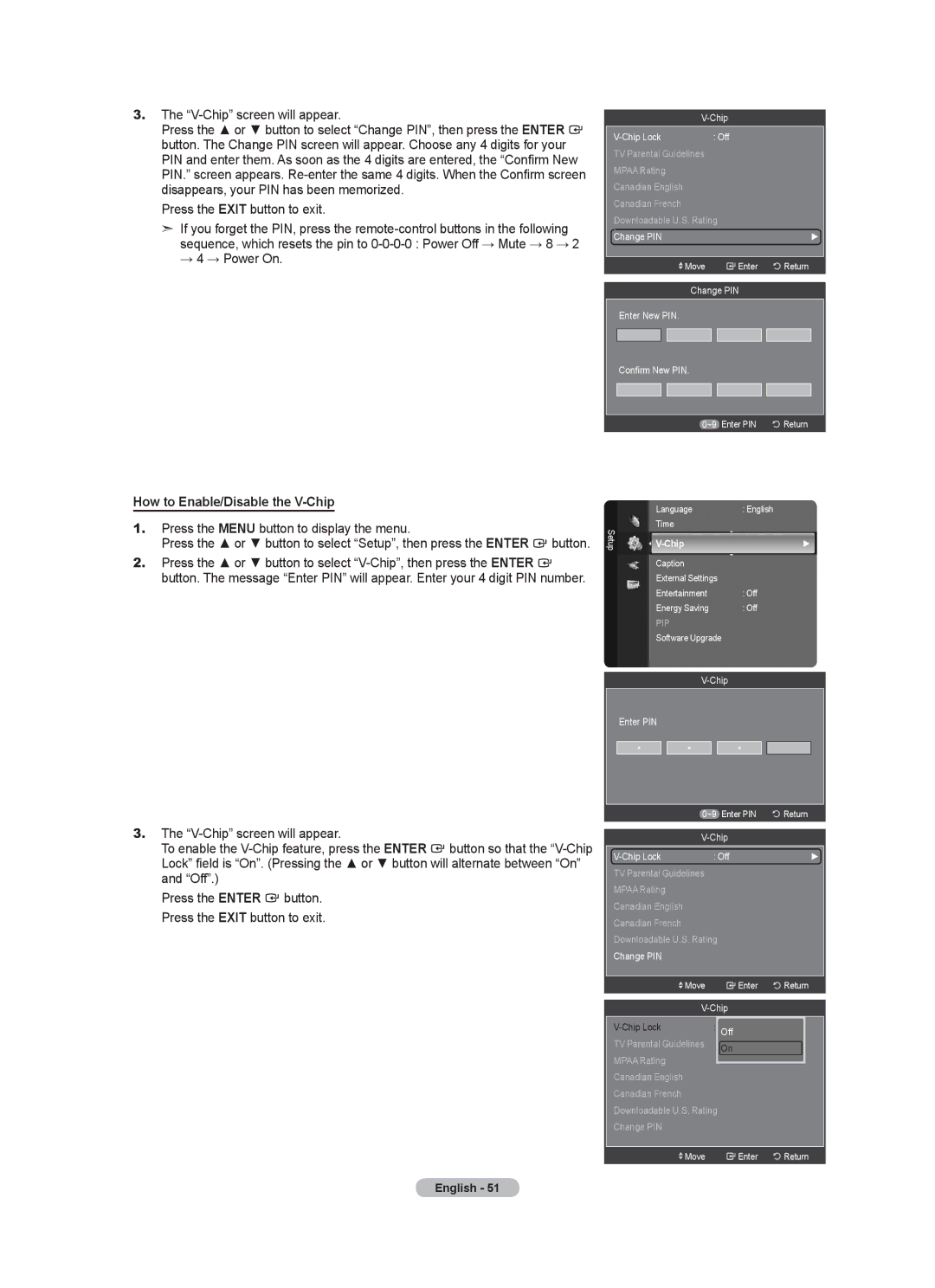 Samsung LN40A630M1F user manual V-Chip screen will appear, How to Enable/Disable the V-Chip, Chip Chip Lock Off, Change PIN 