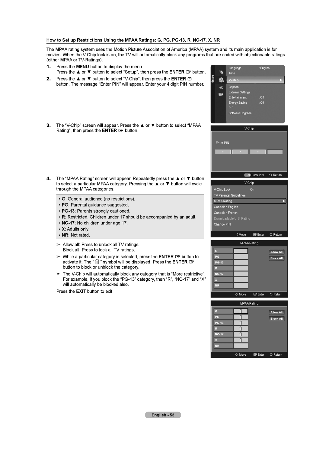 Samsung LN40A630M1F user manual Chip Lock TV Parental Guidelines Mpaa Rating 