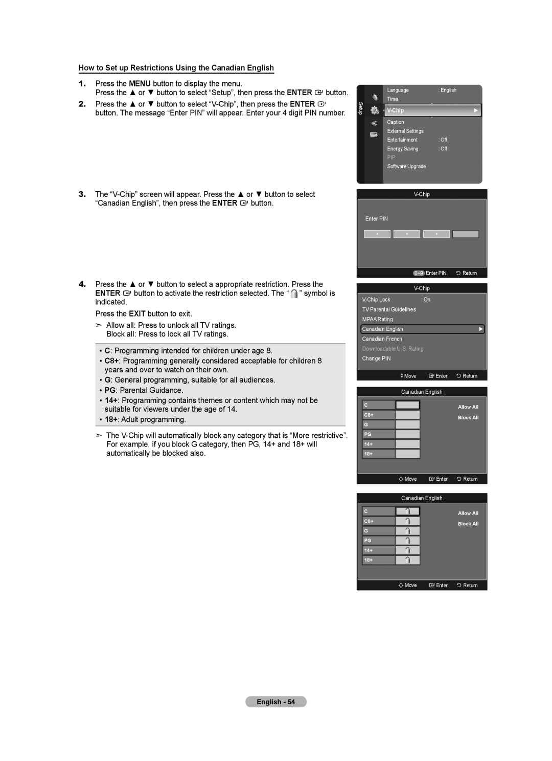 Samsung LN40A630M1F user manual How to Set up Restrictions Using the Canadian English, Chip Lock TV Parental Guidelines 