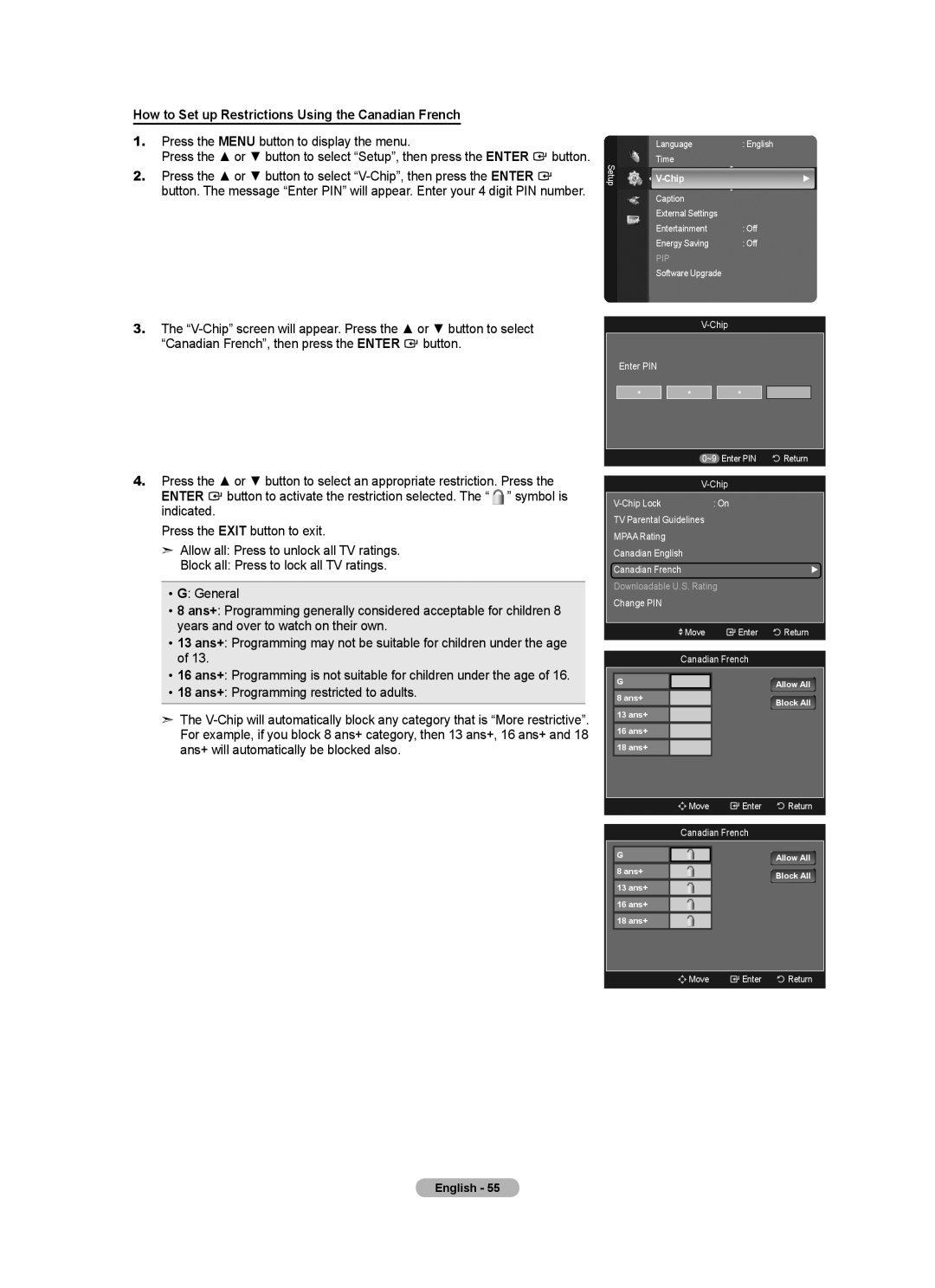 Samsung LN40A630M1F user manual How to Set up Restrictions Using the Canadian French 