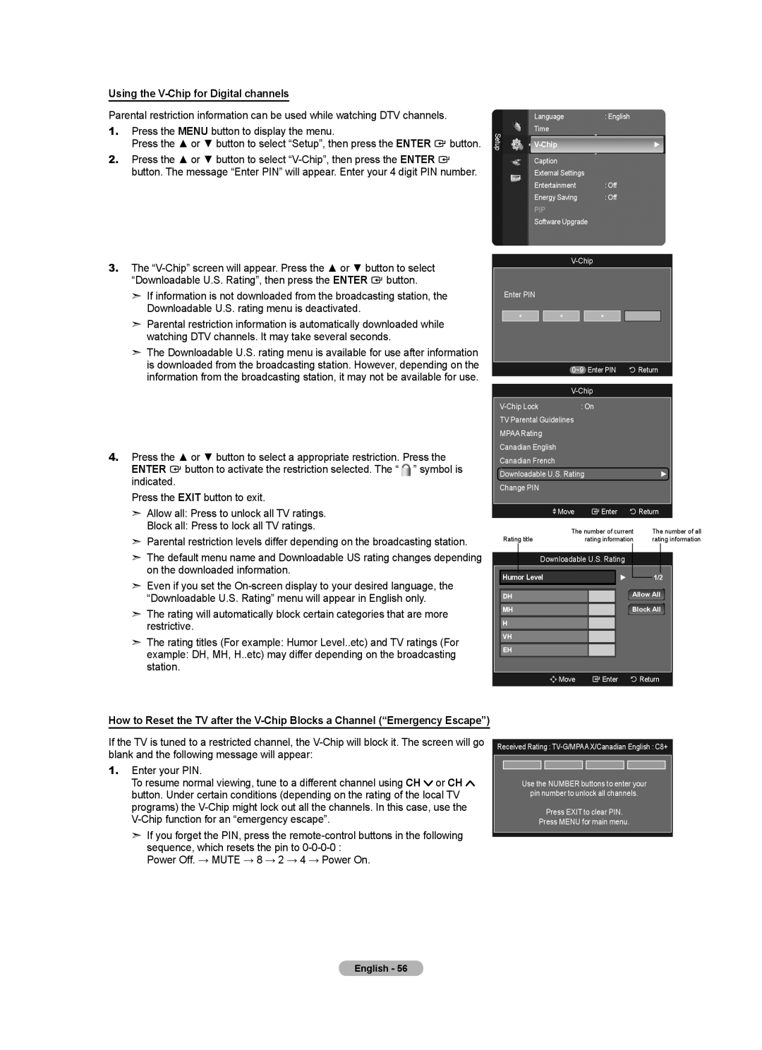 Samsung LN40A630M1F user manual Using the V-Chip for Digital channels, Downloadable U.S. Rating 