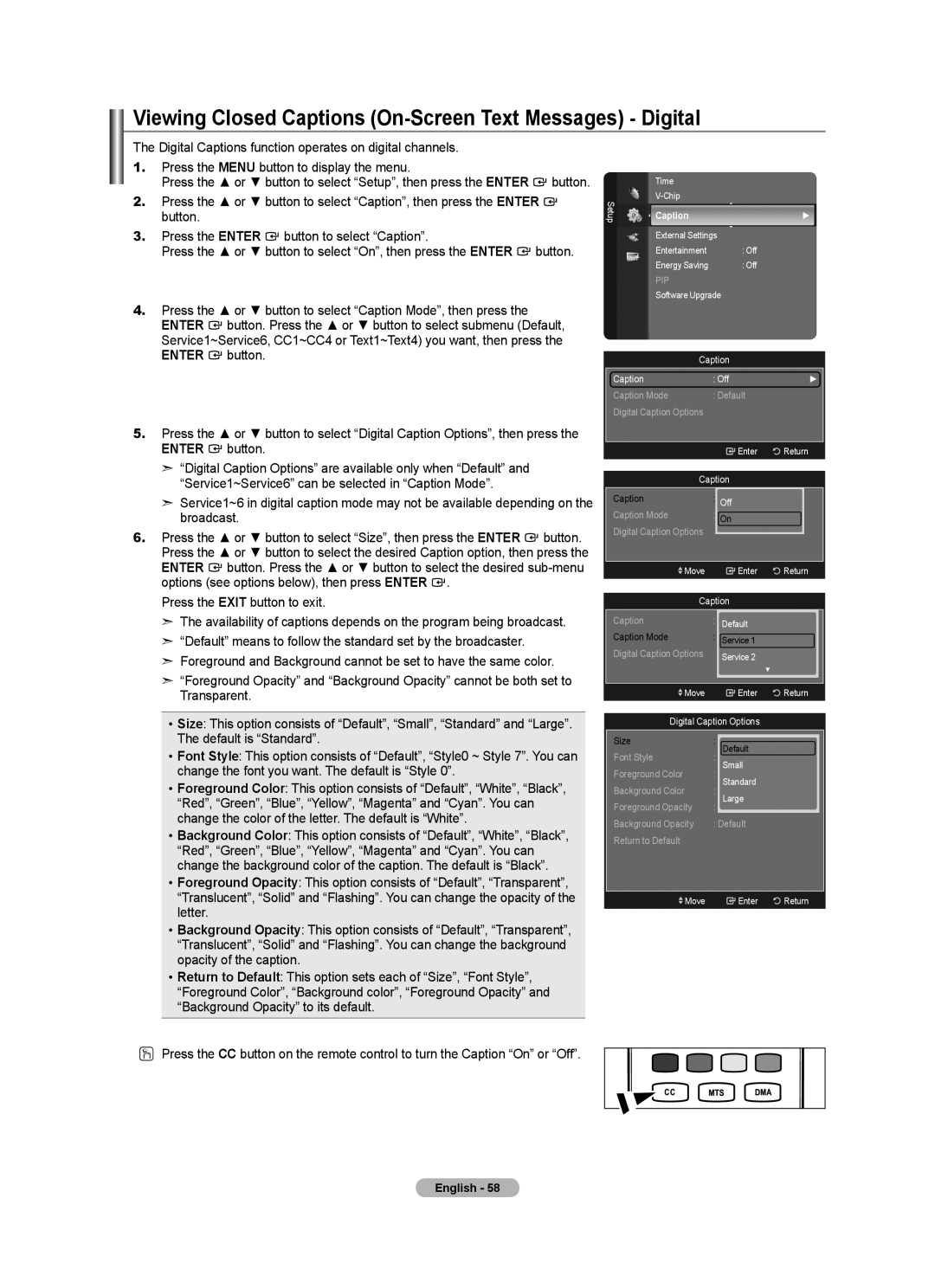 Samsung LN40A630M1F user manual Viewing Closed Captions On-Screen Text Messages Digital, Enter button 