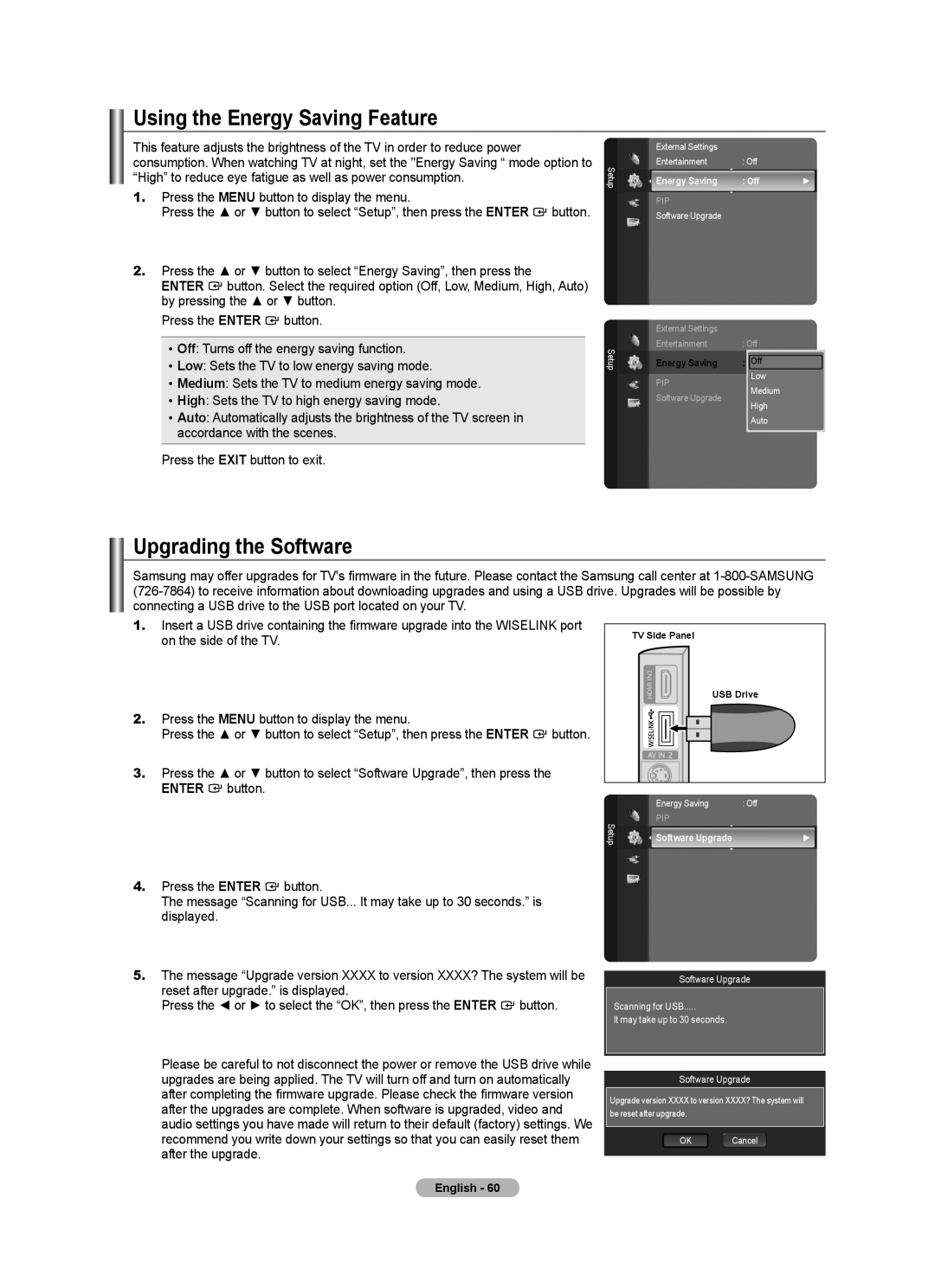 Samsung LN40A630M1F user manual Using the Energy Saving Feature, Upgrading the Software, Software Upgrade 