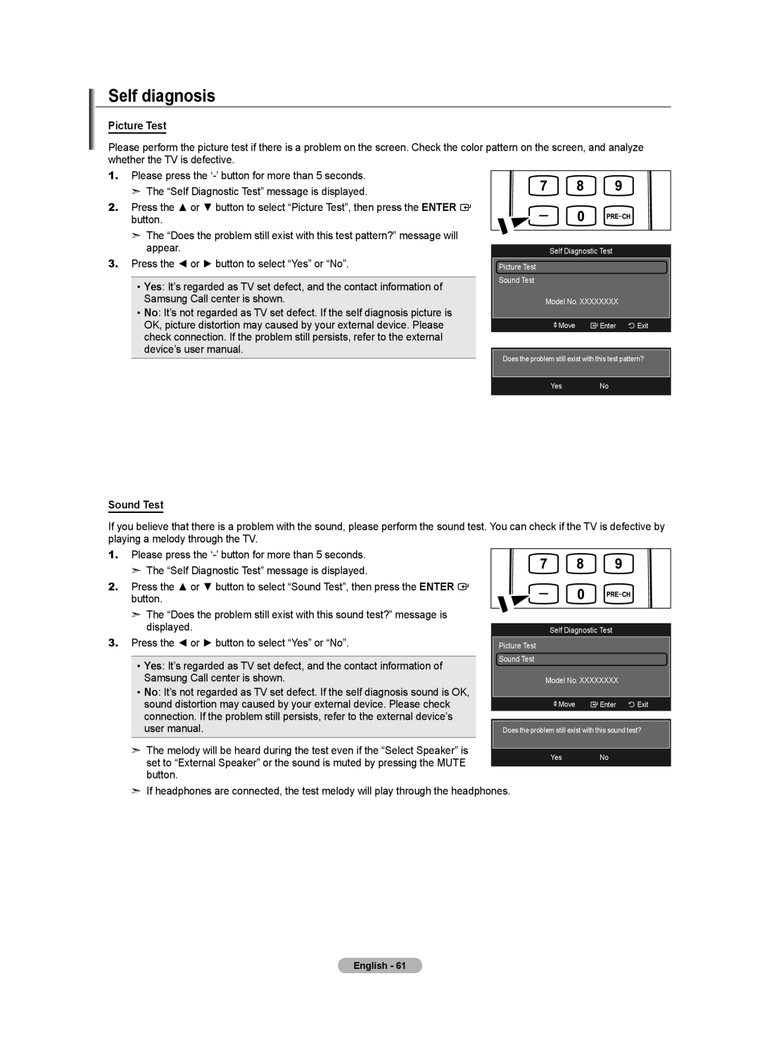 Samsung LN40A630M1F user manual Self diagnosis, Picture Test, Sound Test 