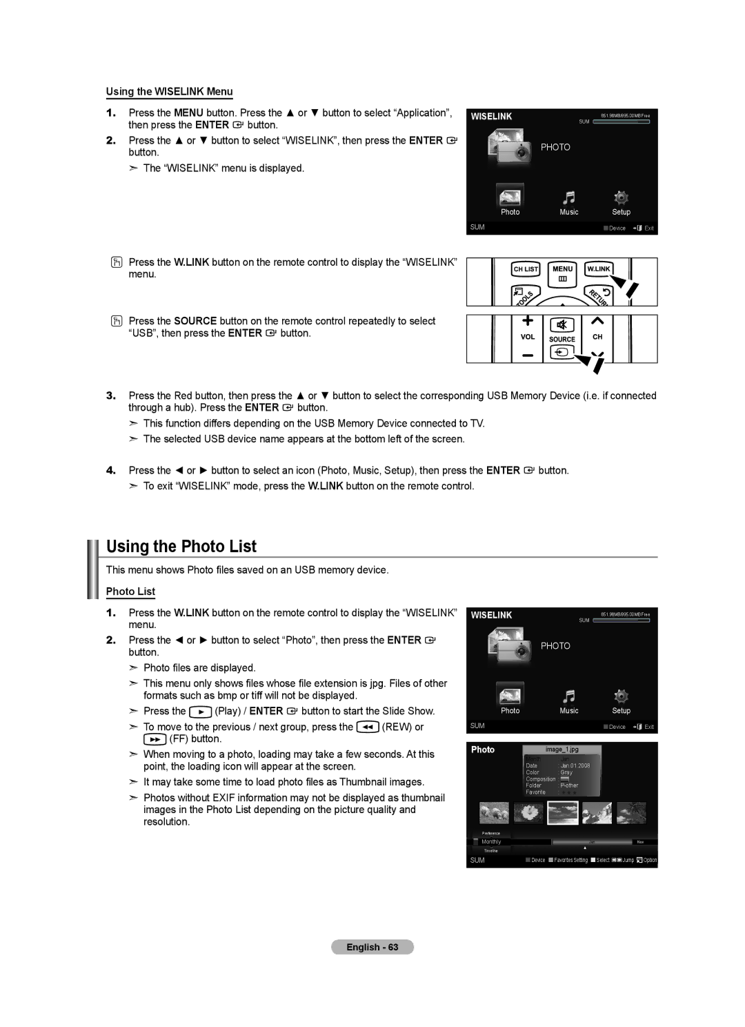 Samsung LN40A630M1F user manual Using the Photo List, Using the Wiselink Menu, Photo Music Setup 