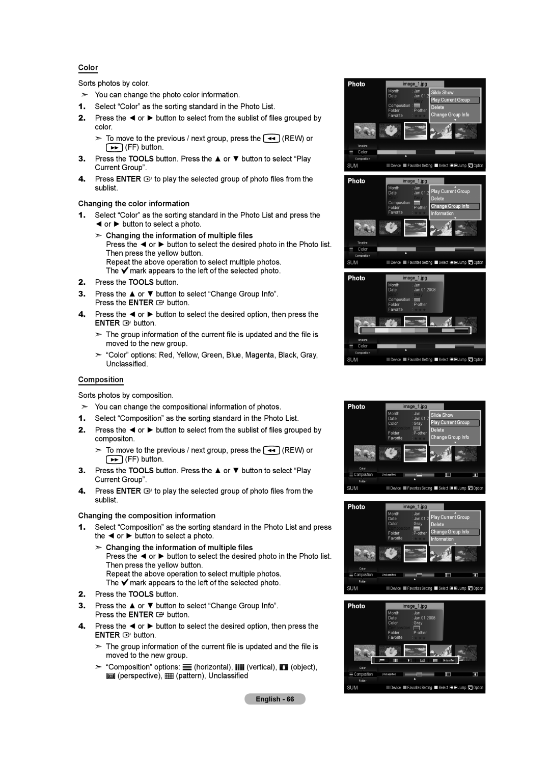 Samsung LN40A630M1F Color, Changing the color information, Changing the information of multiple files, Composition 