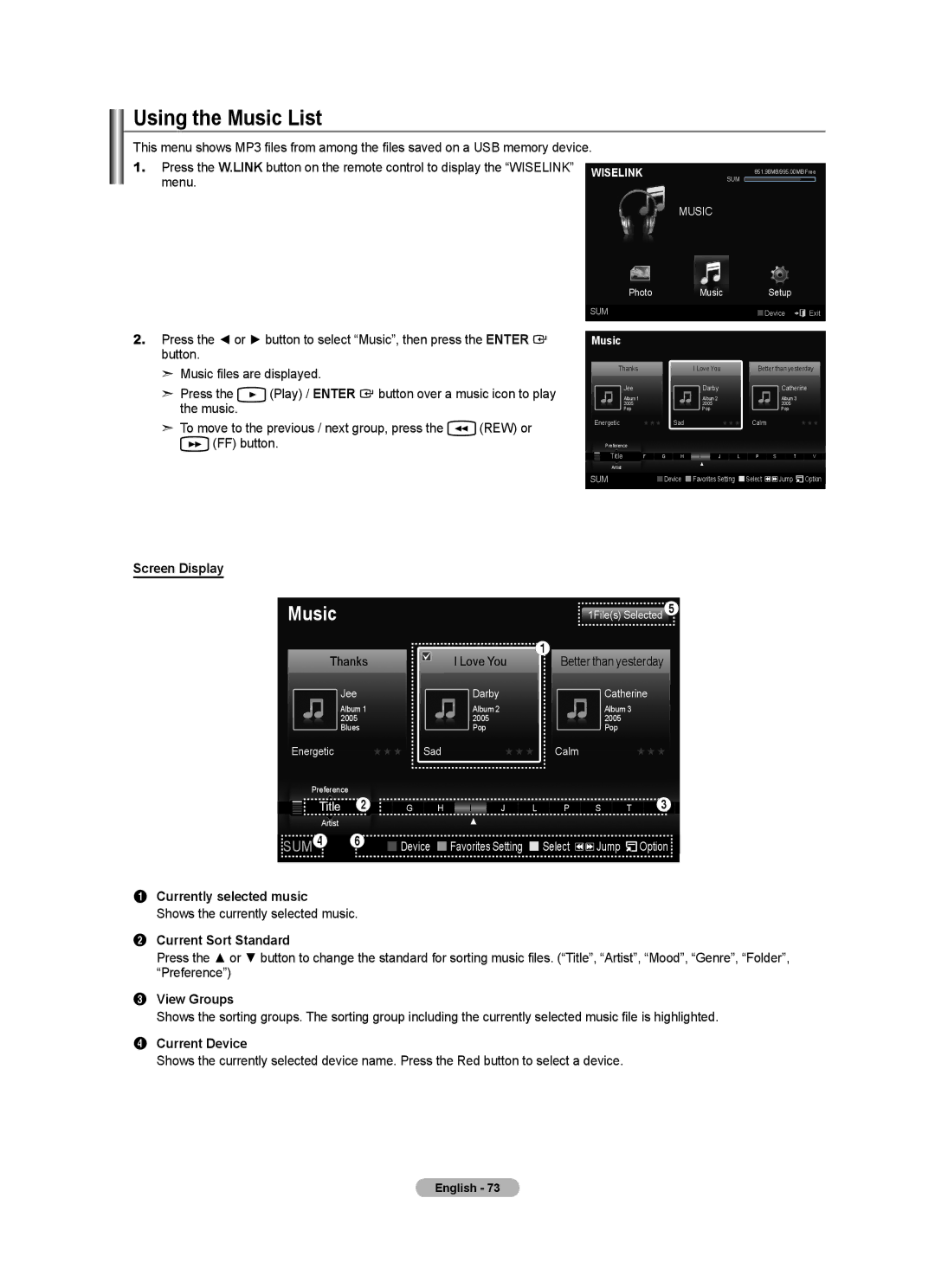 Samsung LN40A630M1F user manual Using the Music List, Currently selected music, Shows the currently selected music 