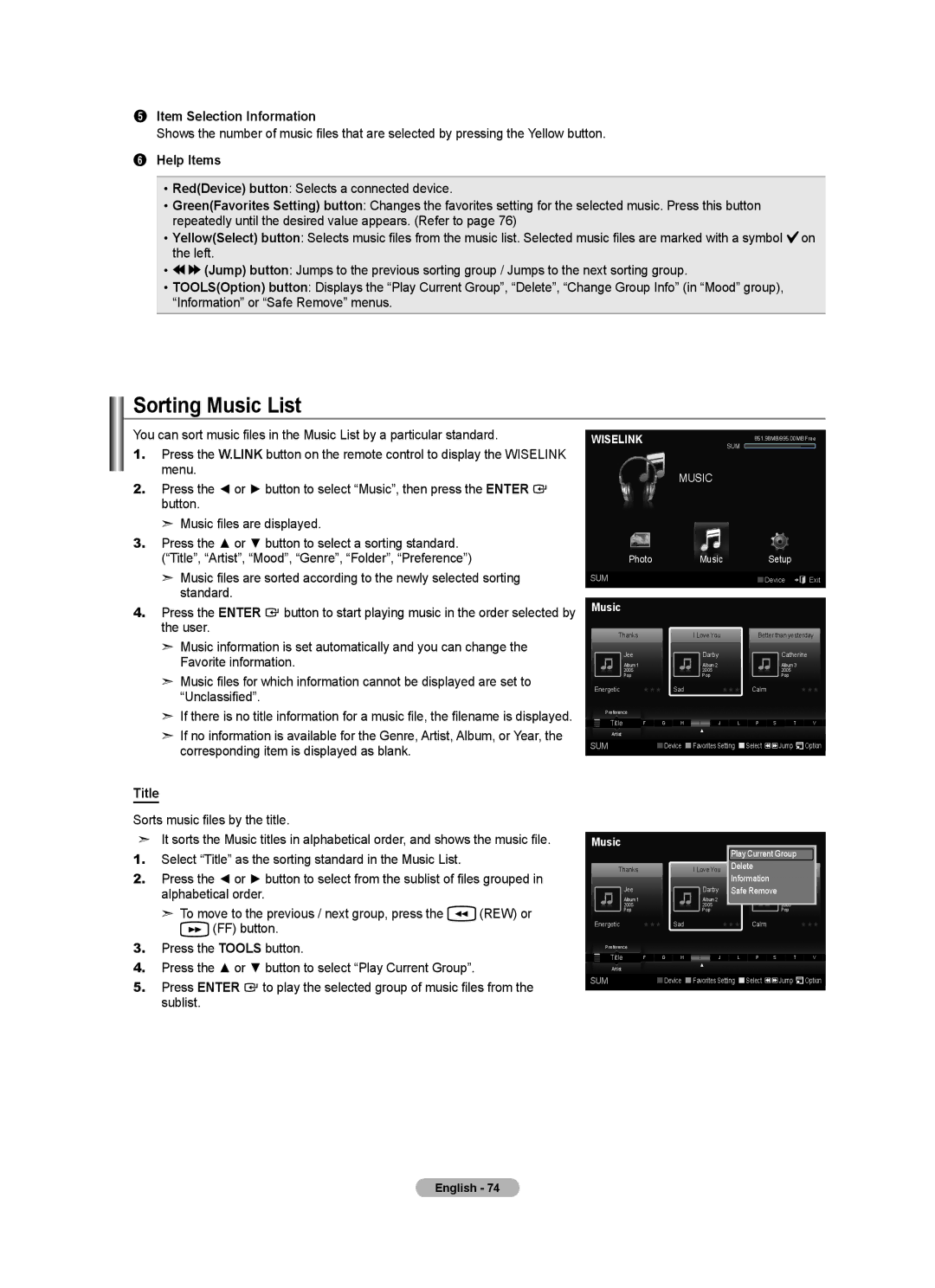 Samsung LN40A630M1F user manual Sorting Music List, Title 