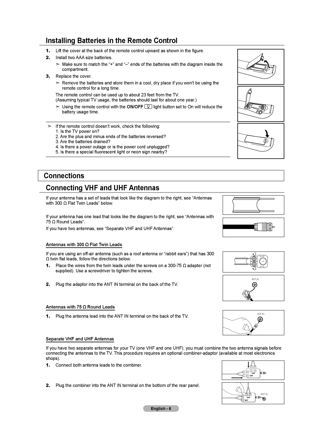 Samsung LN40A630M1F user manual Installing Batteries in the Remote Control, Connections Connecting VHF and UHF Antennas 