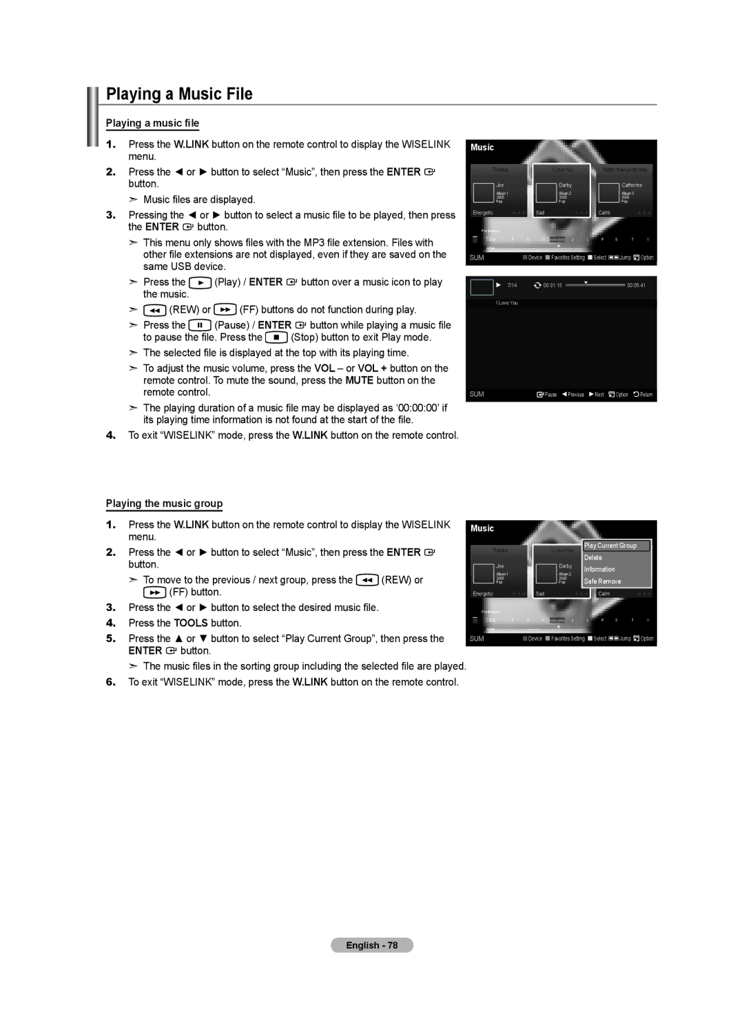 Samsung LN40A630M1F user manual Playing a Music File, Playing a music file, Playing the music group 