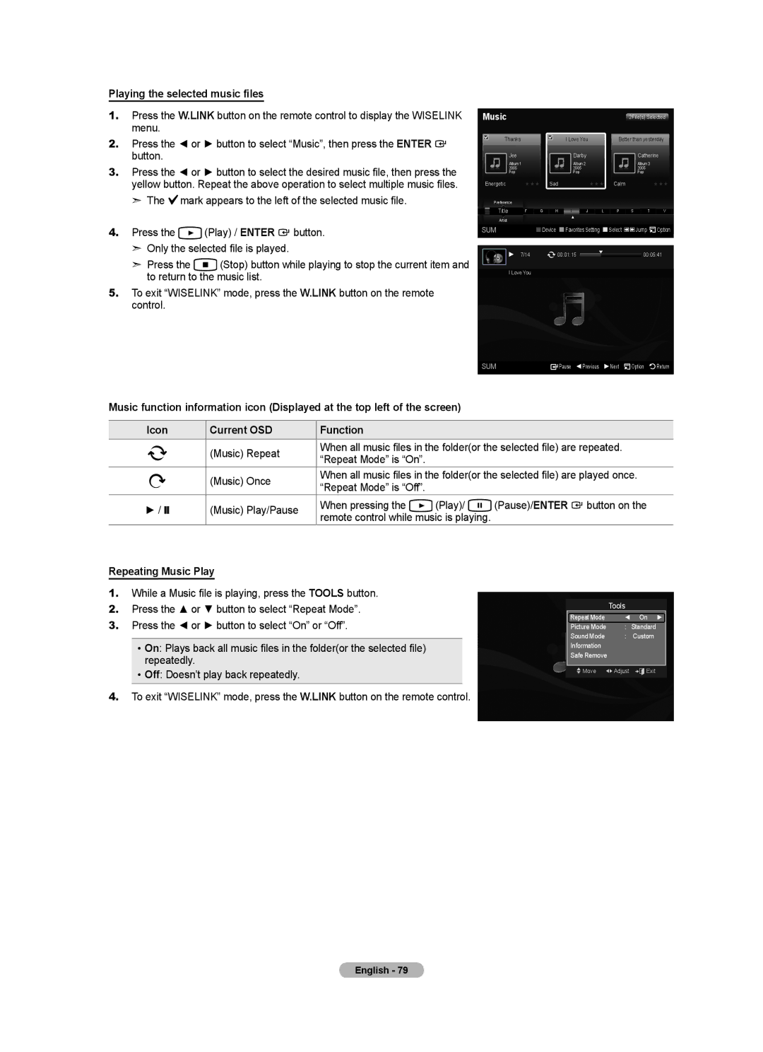 Samsung LN40A630M1F user manual Playing the selected music files, Repeating Music Play 