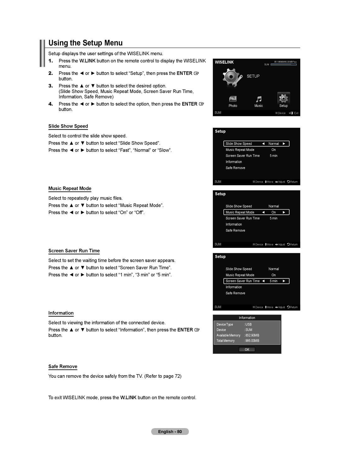 Samsung LN40A630M1F Using the Setup Menu, Select to control the slide show speed, Music Repeat Mode, Screen Saver Run Time 