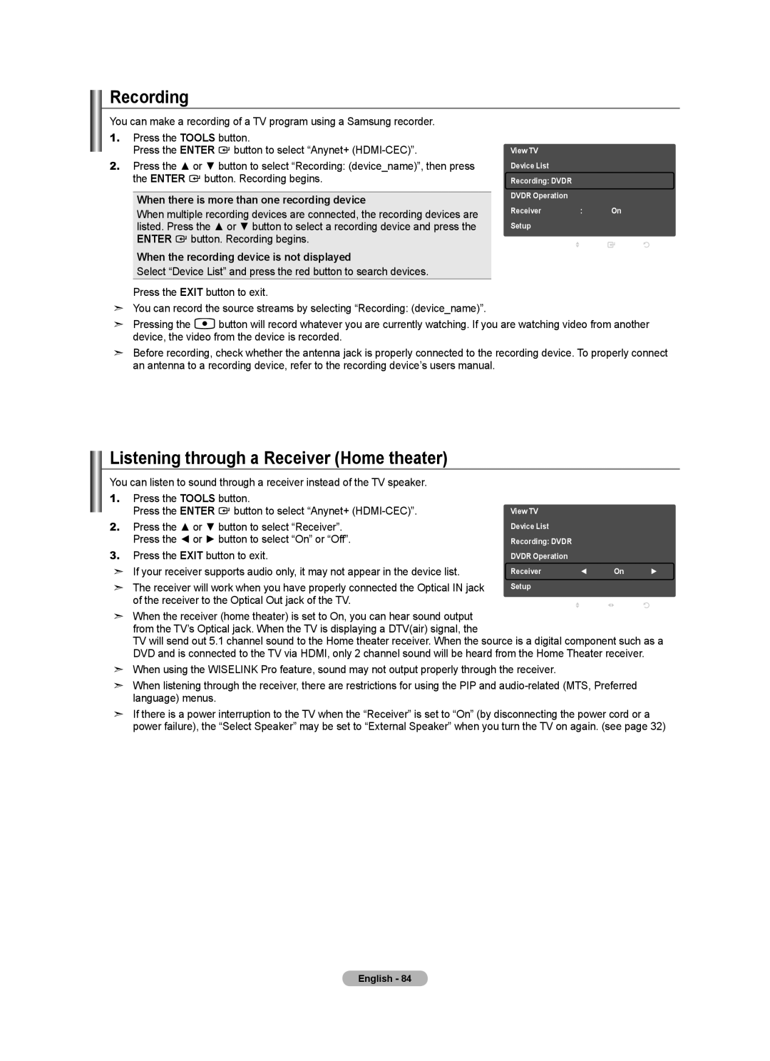 Samsung LN40A630M1F Recording, Listening through a Receiver Home theater, When there is more than one recording device 