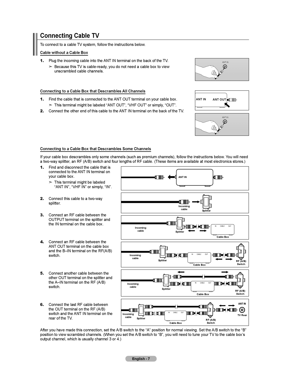 Samsung LN40A630M1F user manual Connecting Cable TV, Cable without a Cable Box, Connect this cable to a two-way splitter 