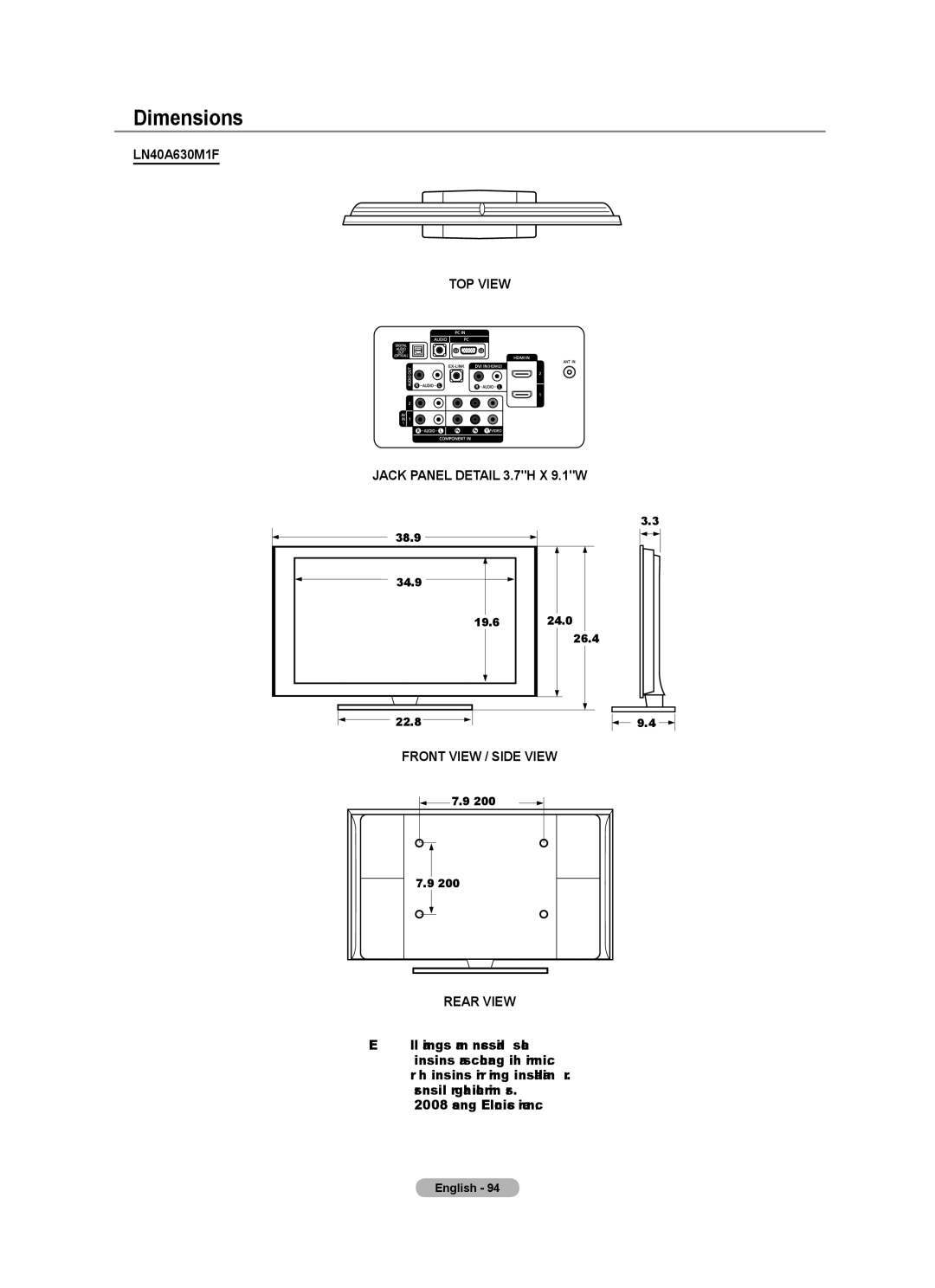 Samsung LN40A630M1F user manual Dimensions, TOP View 