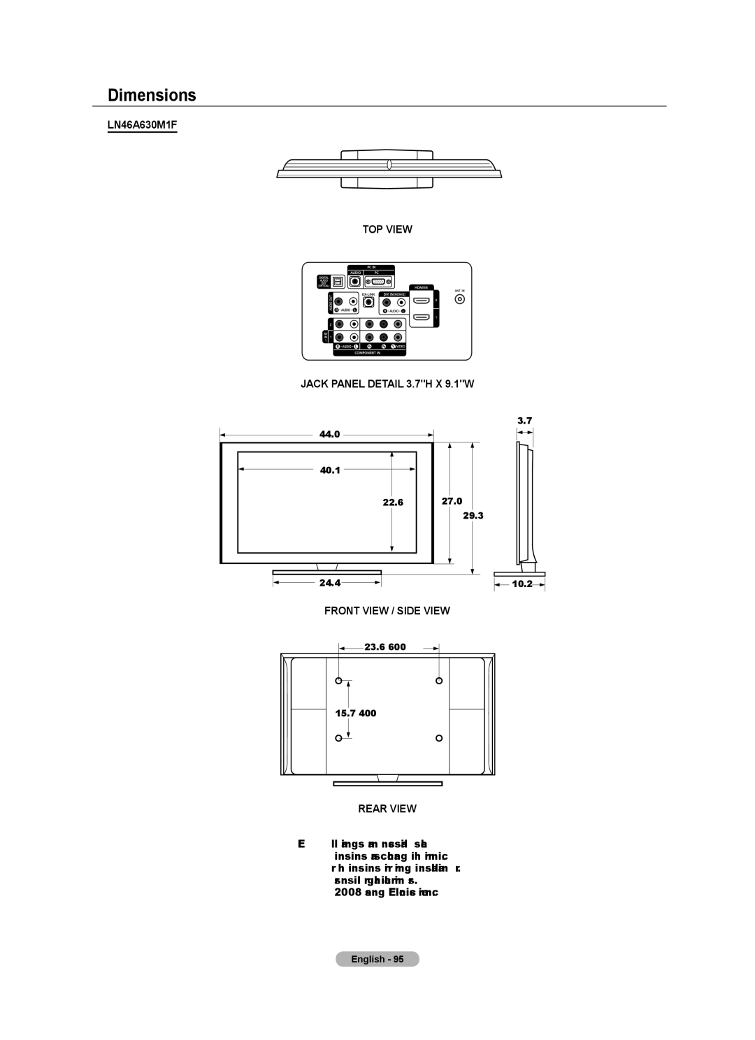 Samsung LN40A630M1F user manual TOP View Jack Panel Detail 3.7H X 9.1W 