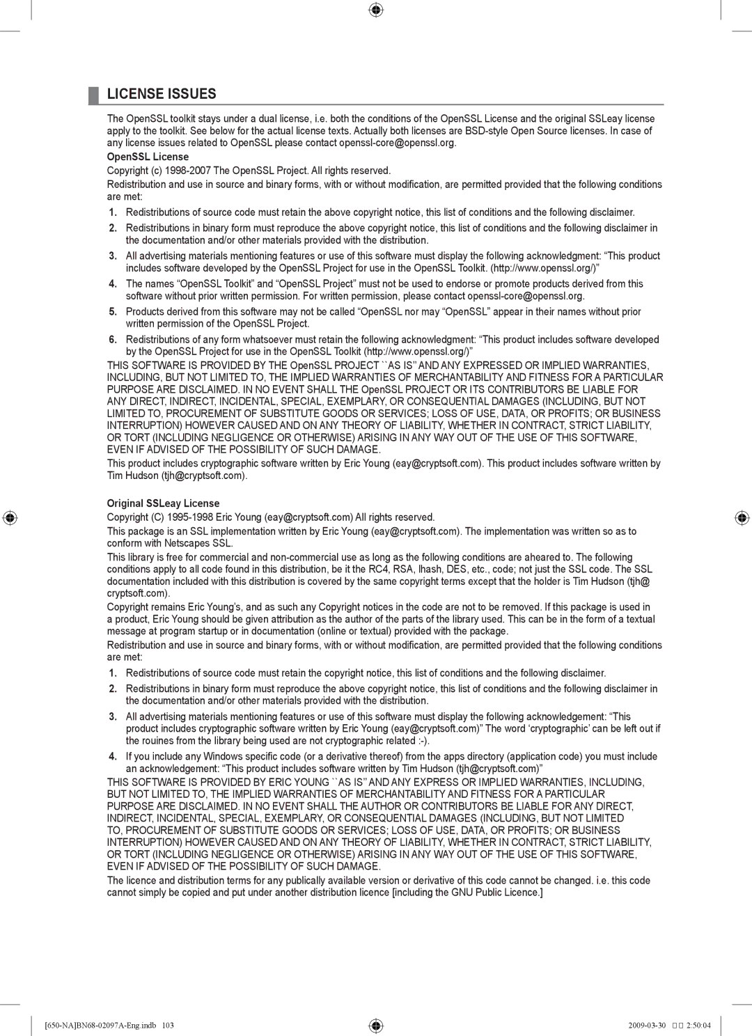 Samsung LN46B60, LN40B60 user manual OpenSSL License, Original SSLeay License 